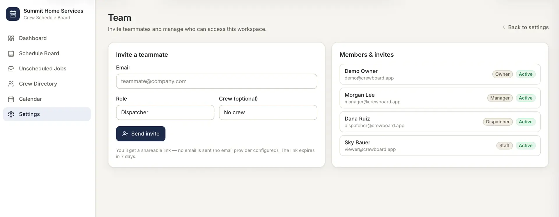 Team settings page with an invite form (email, role, crew) and a Members & invites list showing Owner, Manager, Dispatcher, and Staff roles, all Active.