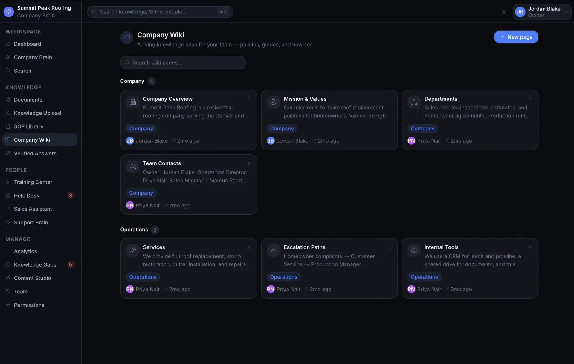 Company Wiki with Company and Operations sections of knowledge-base cards for overview, mission, departments, services, and escalation paths.