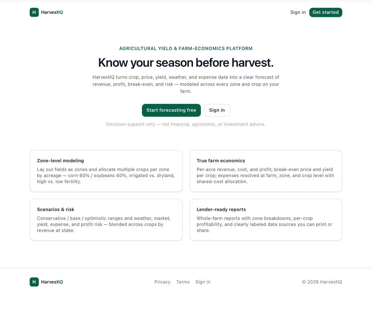 HarvestIQ landing page headlined 'Know your season before harvest,' with sign-up buttons and feature cards on zone modeling, farm economics, scenarios, and reports.