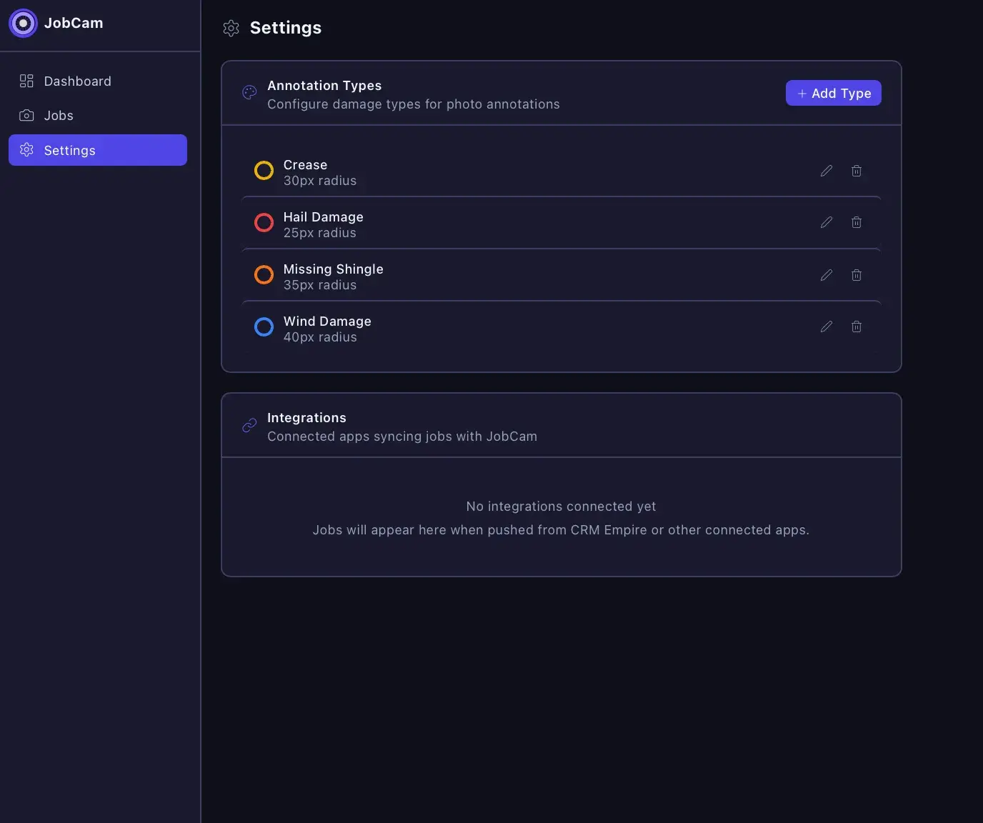 JobCam Settings page configuring annotation types (Crease, Hail Damage, Missing Shingle, Wind Damage with pixel radii) and an empty Integrations section