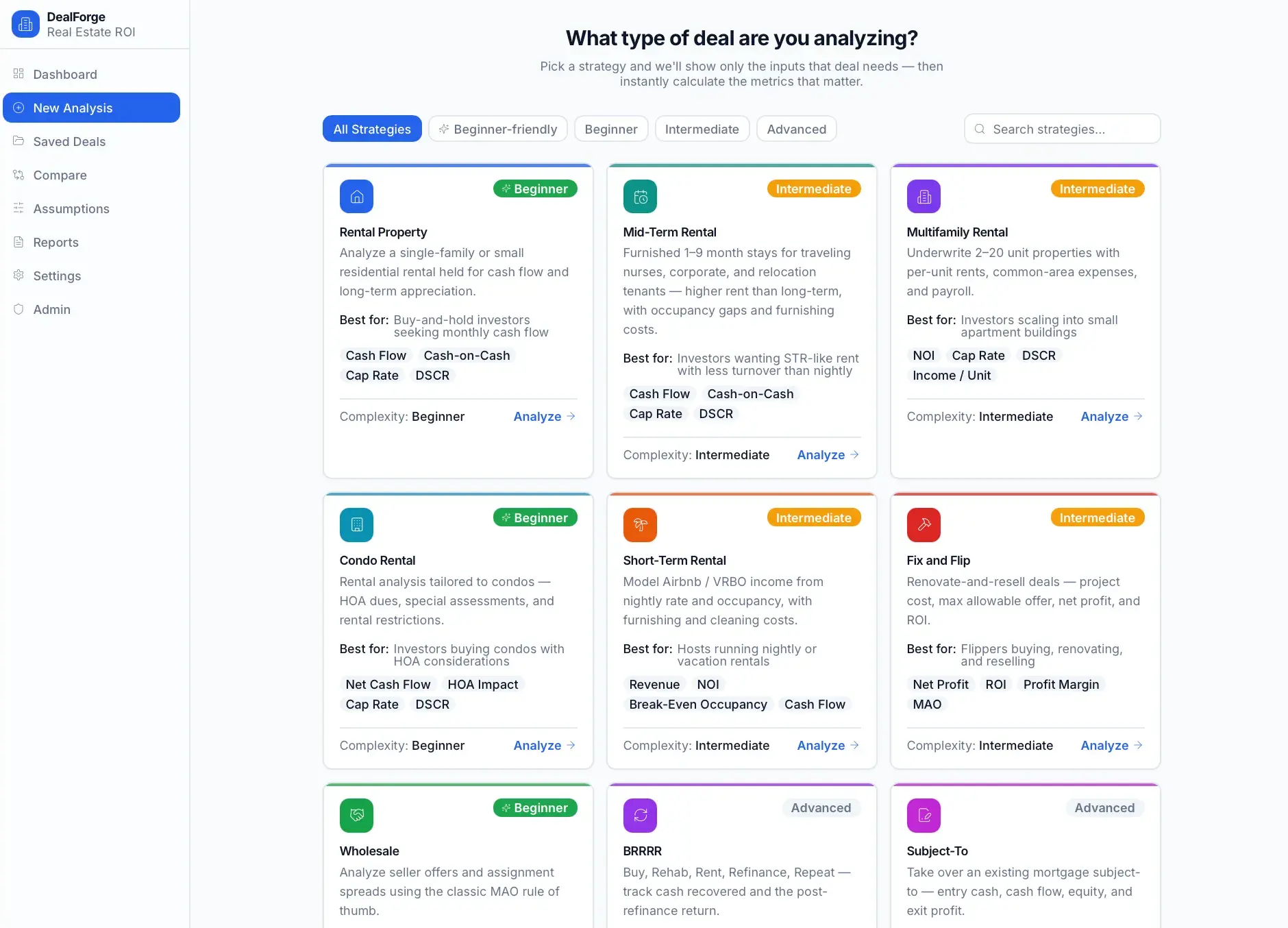New Analysis strategy picker asking 'What type of deal are you analyzing?' with cards for Rental Property, Mid-Term Rental, Multifamily, Condo, Short-Term Rental, Fix and Flip, Wholesale, BRRRR, and Subject-To.