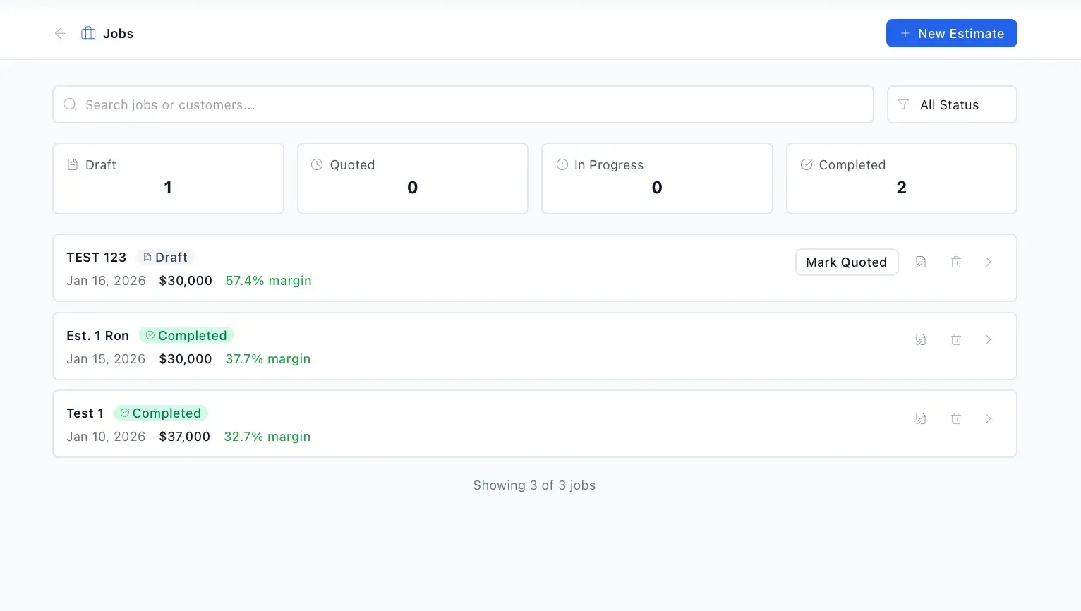 PriceCraft Jobs list with status counts (1 draft, 0 quoted, 0 in progress, 2 completed) and job rows showing price and margin, one with a Mark Quoted button