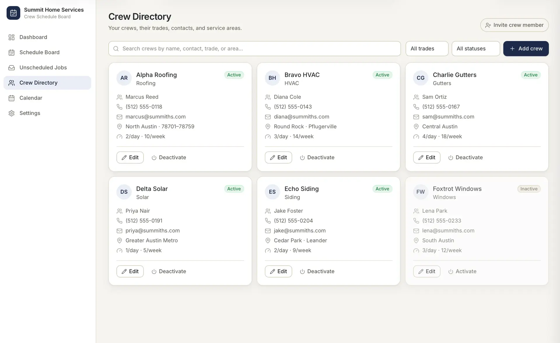 Crew Directory of crew cards (Alpha Roofing, Bravo HVAC, and others) with trade, contact, phone, email, service area, capacity, and Active or Inactive status.