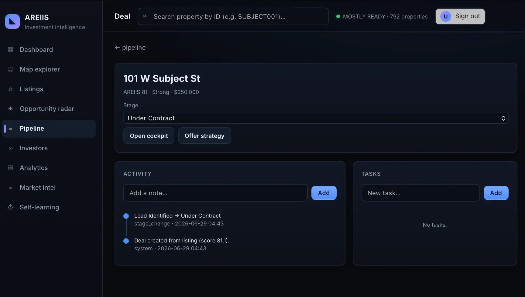 AREIIS deal detail for 101 W Subject St, AREIIS score 81, stage Under Contract, with activity timeline and an empty tasks panel