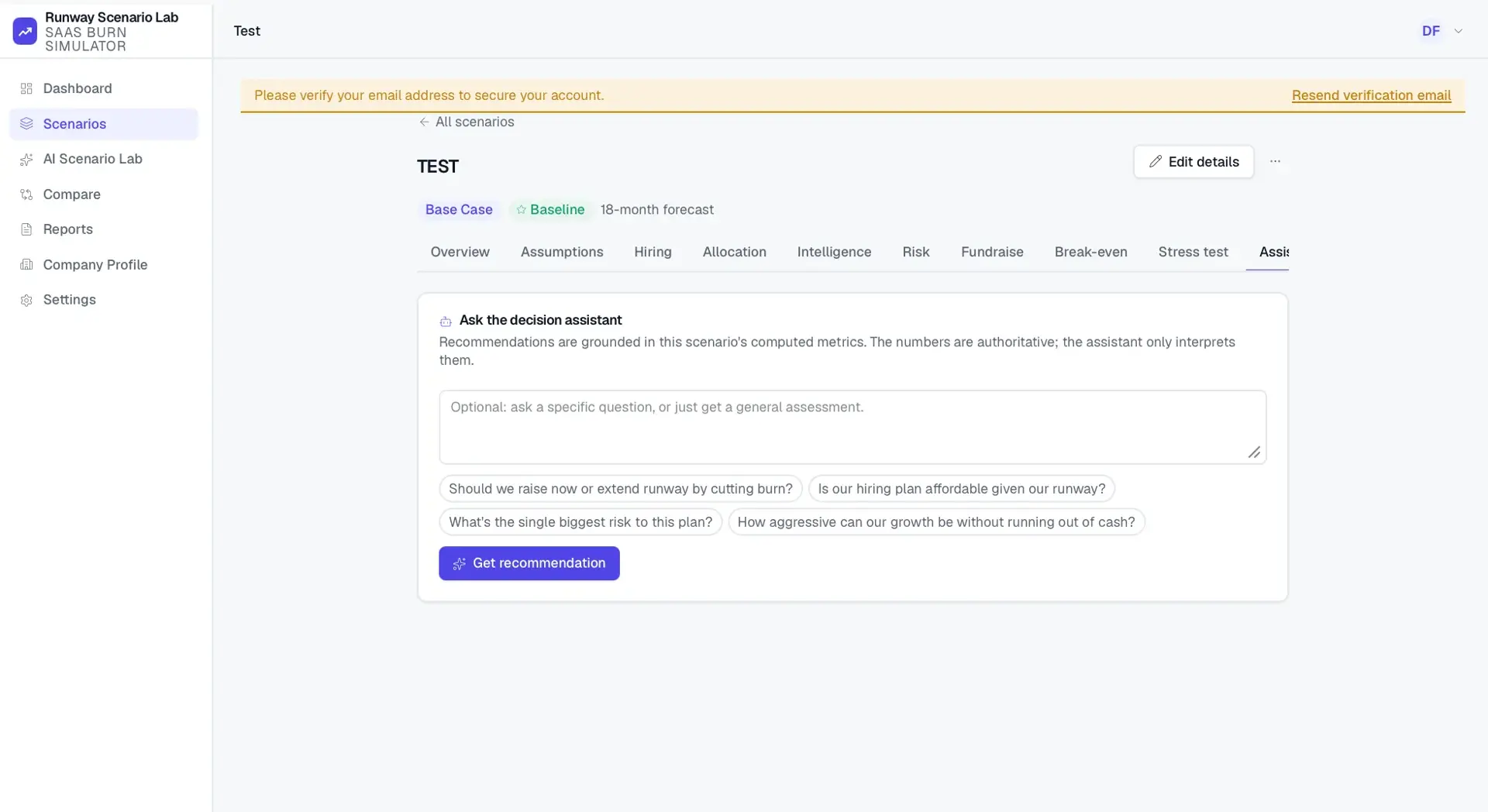 Scenario Assistant tab with a decision-assistant prompt box, suggested questions about raising, hiring, and risk, and a Get recommendation button.