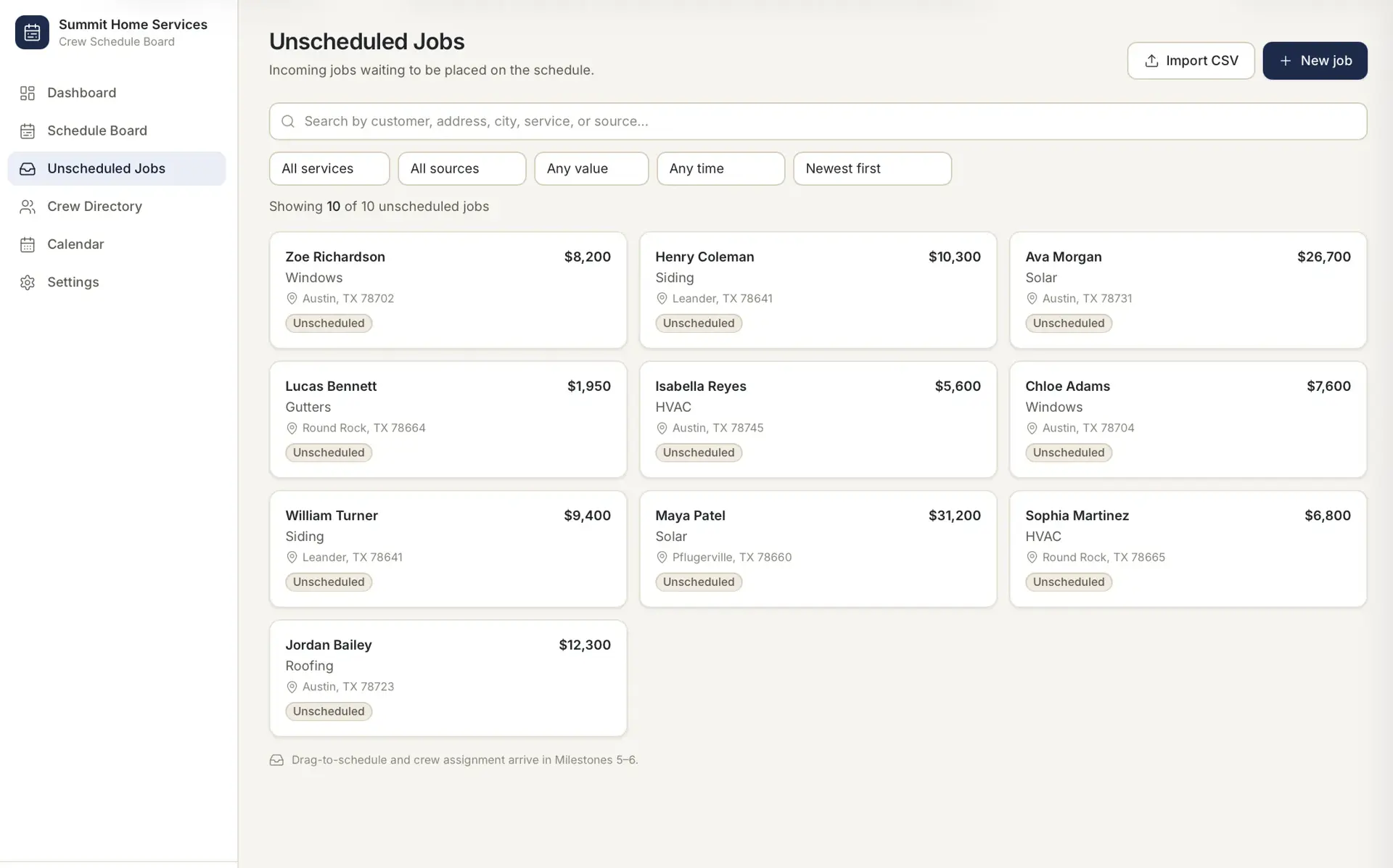 Unscheduled Jobs page listing 10 job cards with customer name, service type, city, and dollar value, plus search, filters, Import CSV and New job buttons.
