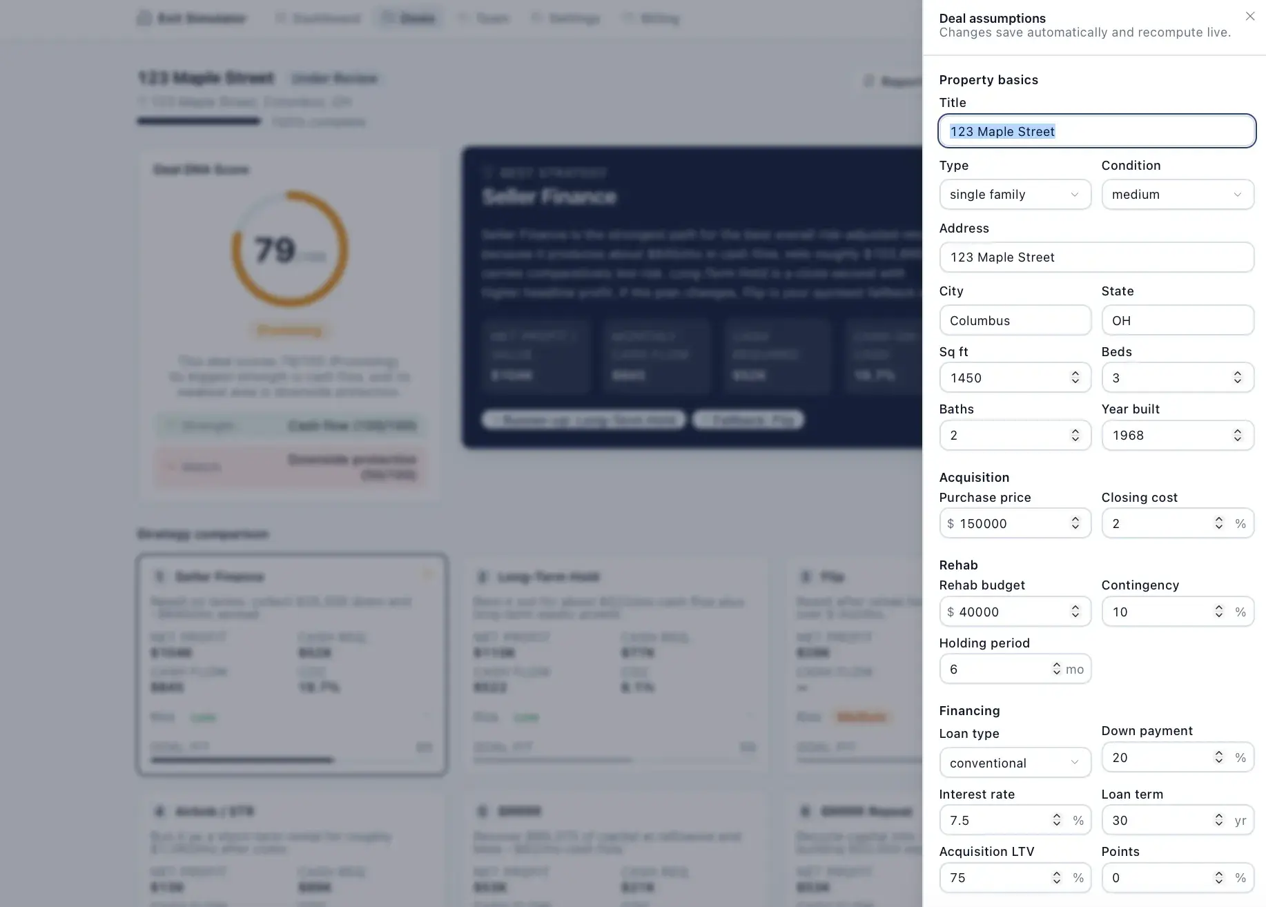 Deal assumptions side panel over the deal view with editable property basics, acquisition, rehab, and financing fields such as purchase price, rehab budget, loan type, and interest rate.