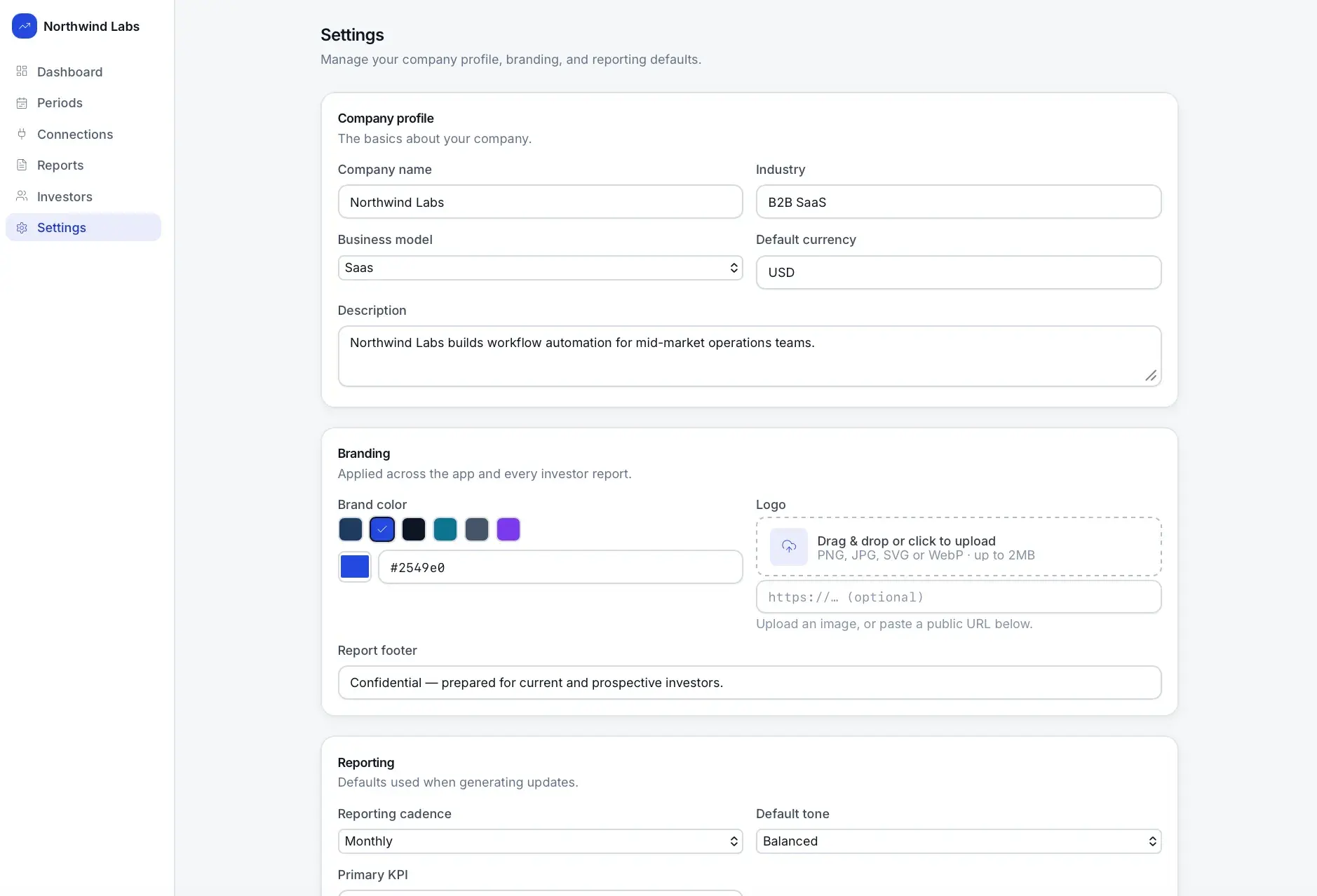 Settings page with a company-profile form, a branding section with brand-color and logo upload, report footer, and reporting defaults.