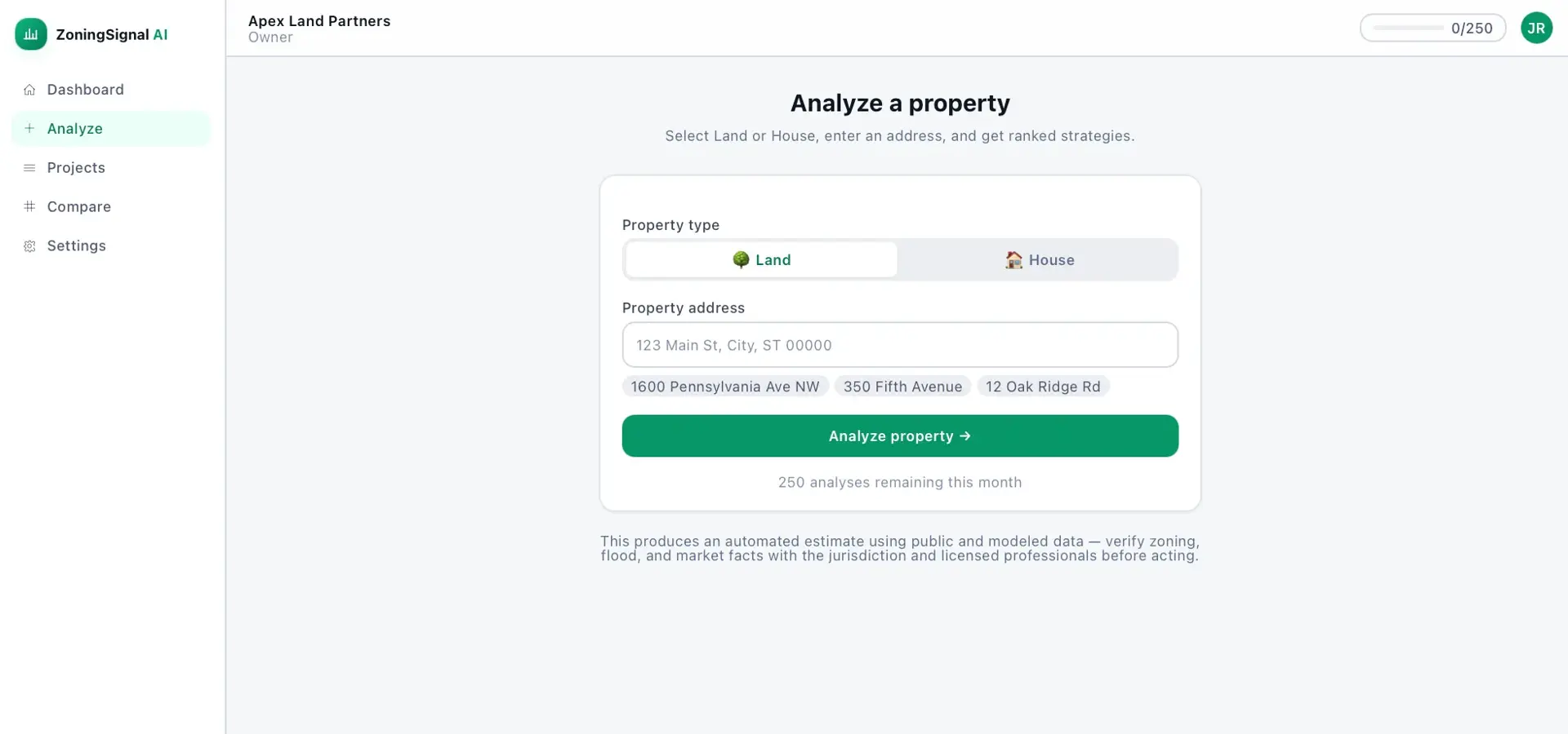 ZoningSignal AI analyze-a-property form with a Land/House toggle, an address field with example chips, and an Analyze property button.