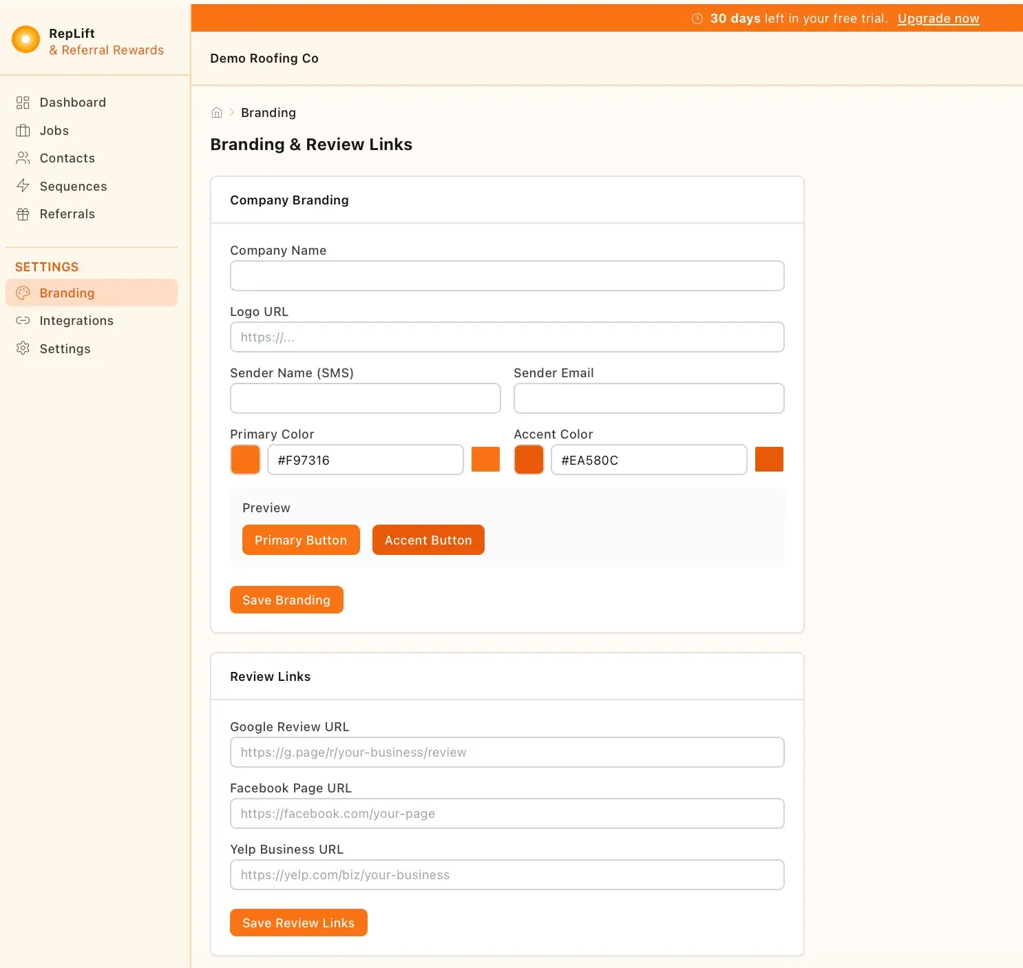 RepLift Branding & Review Links settings form with company name, logo URL, sender fields, primary/accent color pickers with a button preview, and Google/Facebook/Yelp review link fields