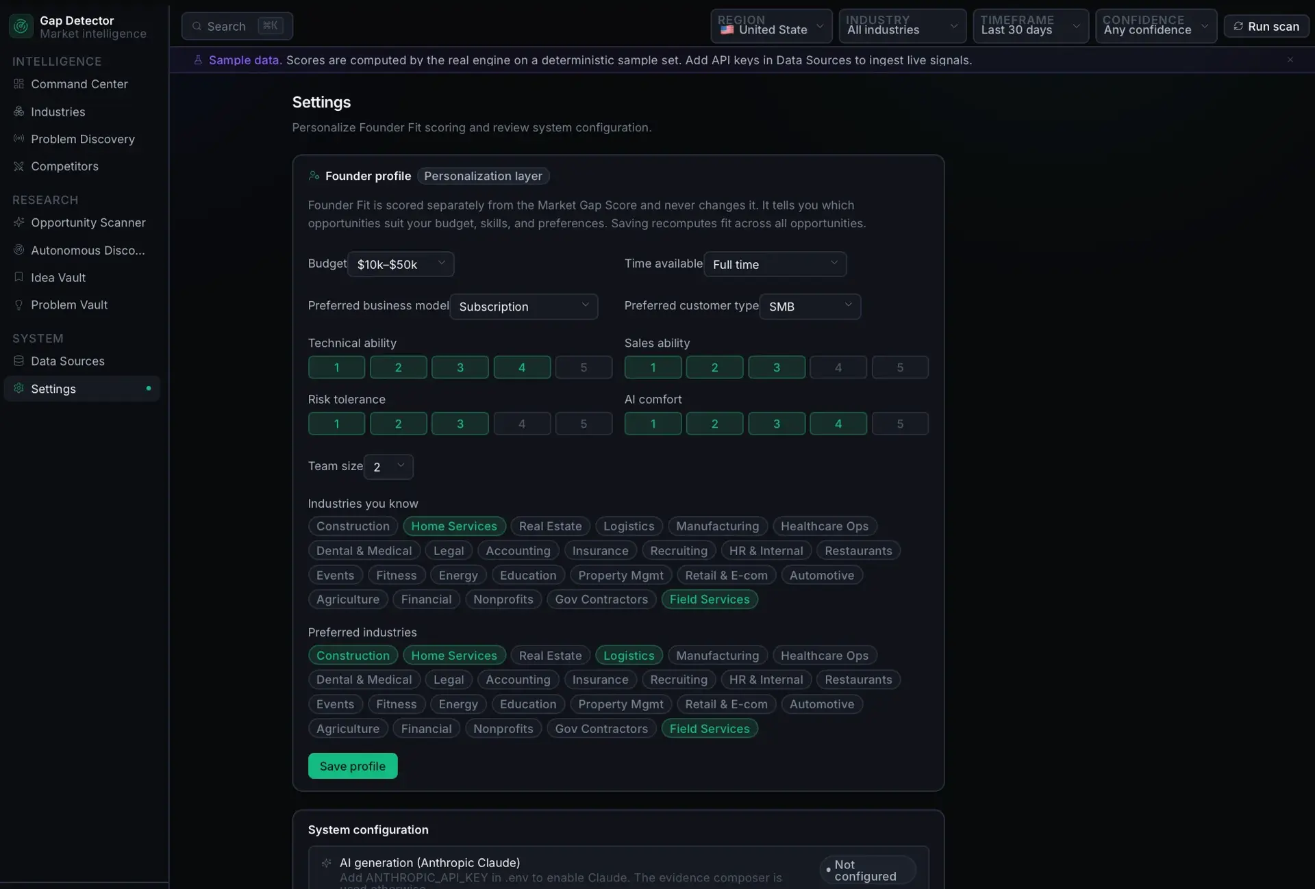 Gap Detector settings page with a Founder Fit profile form: budget, time available, business model, skill-rating sliders, and selectable industry tags, above a system configuration panel.