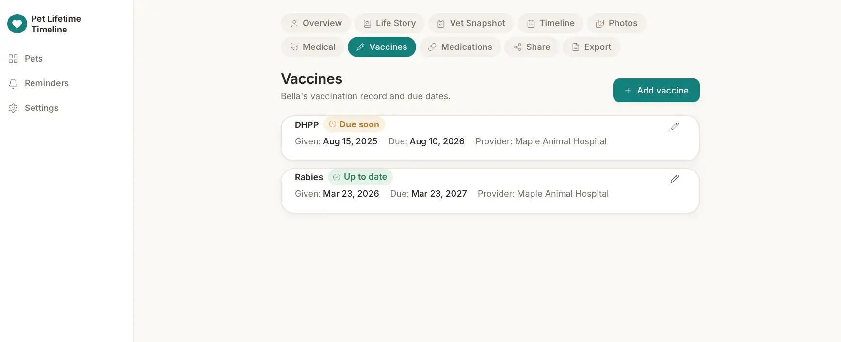 Vaccines tab for Bella listing DHPP marked Due soon and Rabies marked Up to date, each with given and due dates and provider.