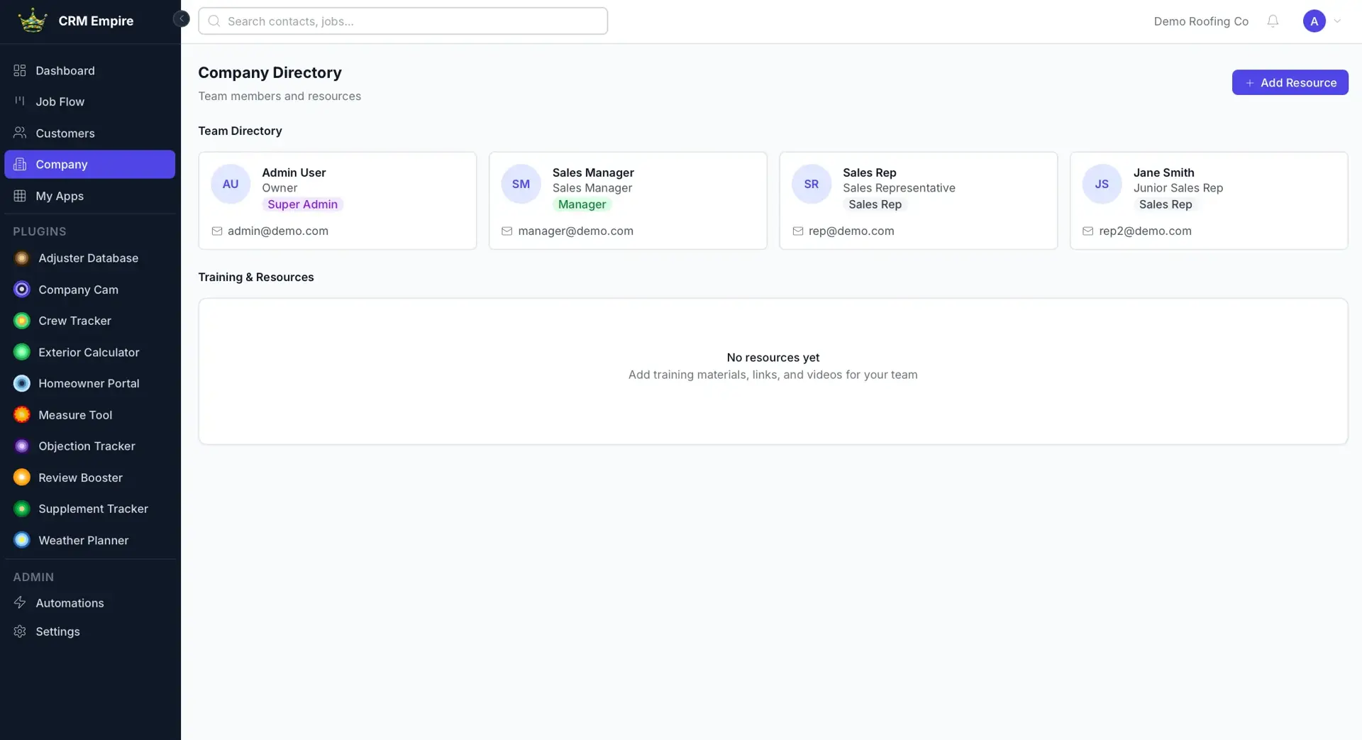 CRM Empire Company Directory with team member cards (Admin User, Sales Manager, Sales Rep, Jane Smith) and an empty Training & Resources section