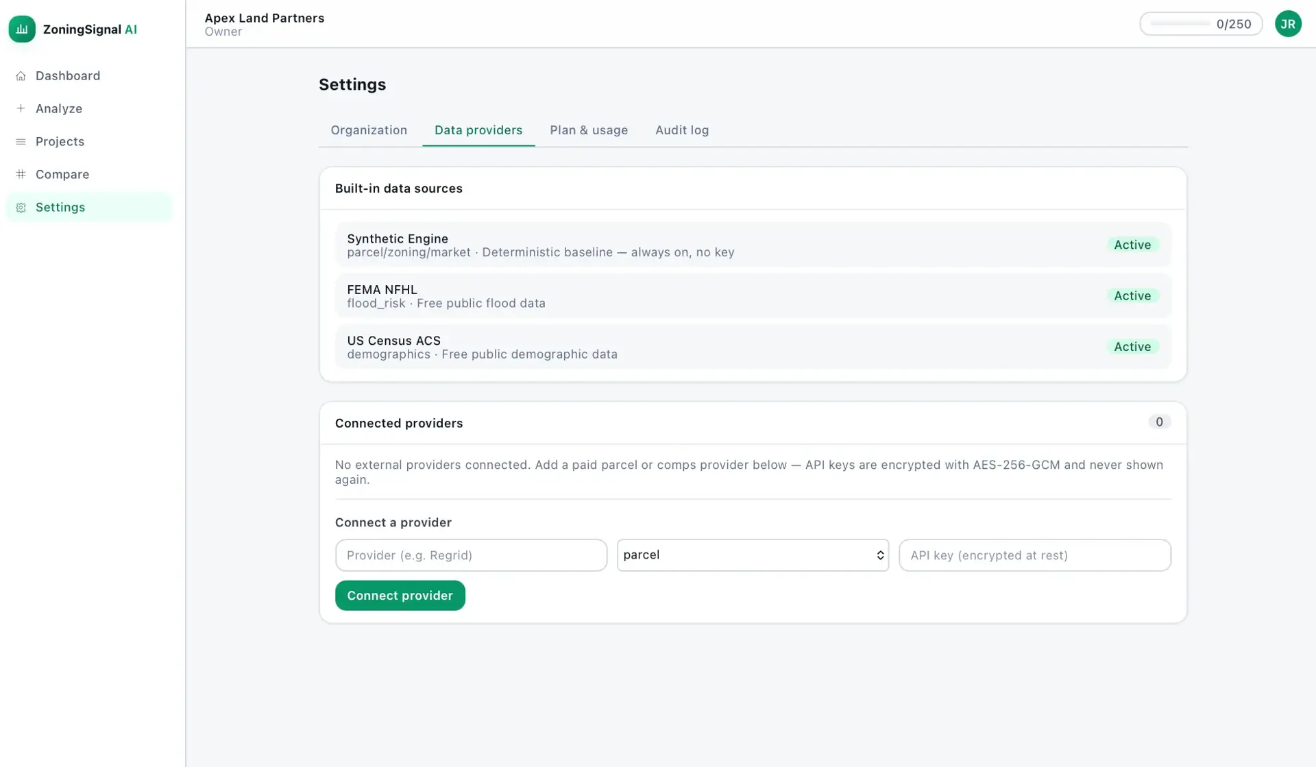 ZoningSignal AI settings Data providers tab showing three active built-in sources — Synthetic Engine, FEMA NFHL, US Census ACS — and a form to connect an external provider.