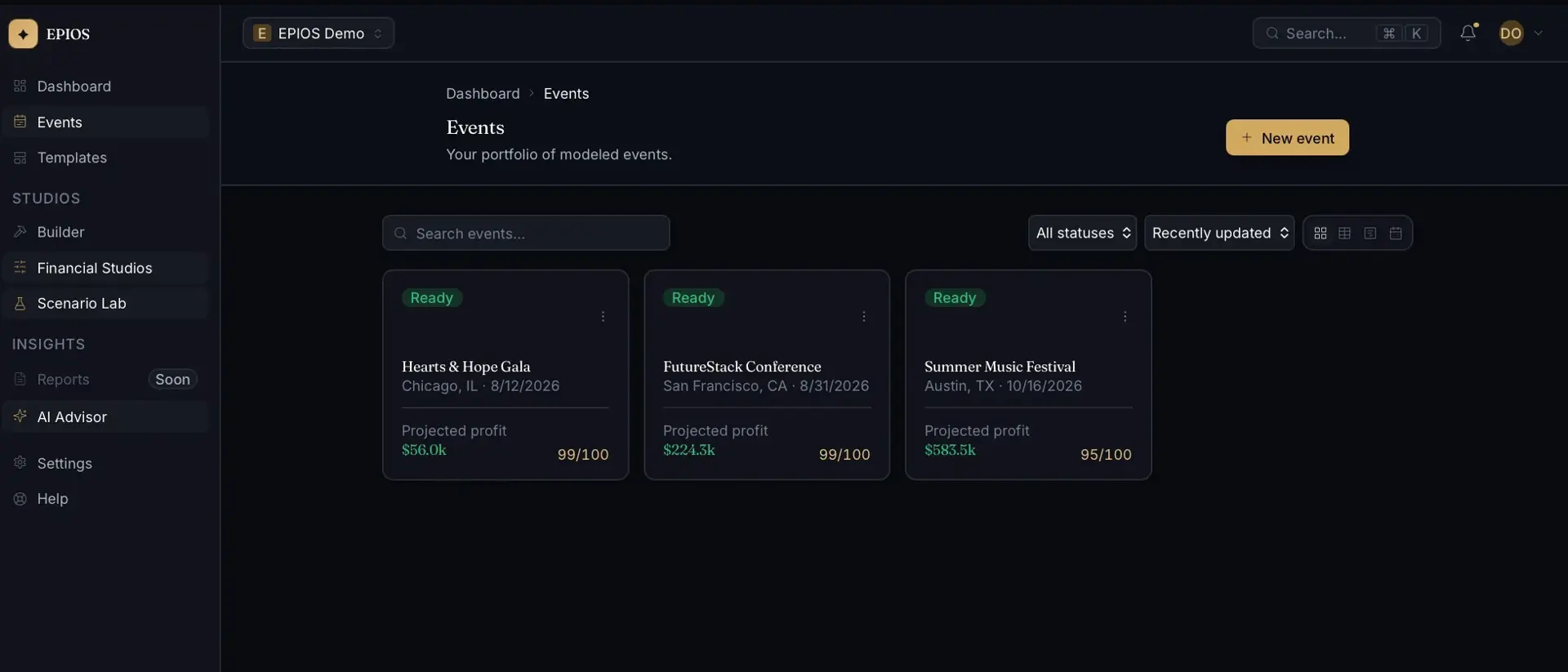 EPIOS Events portfolio with three modeled event cards — Hearts & Hope Gala, FutureStack Conference, Summer Music Festival — each marked Ready with projected profit and a score.