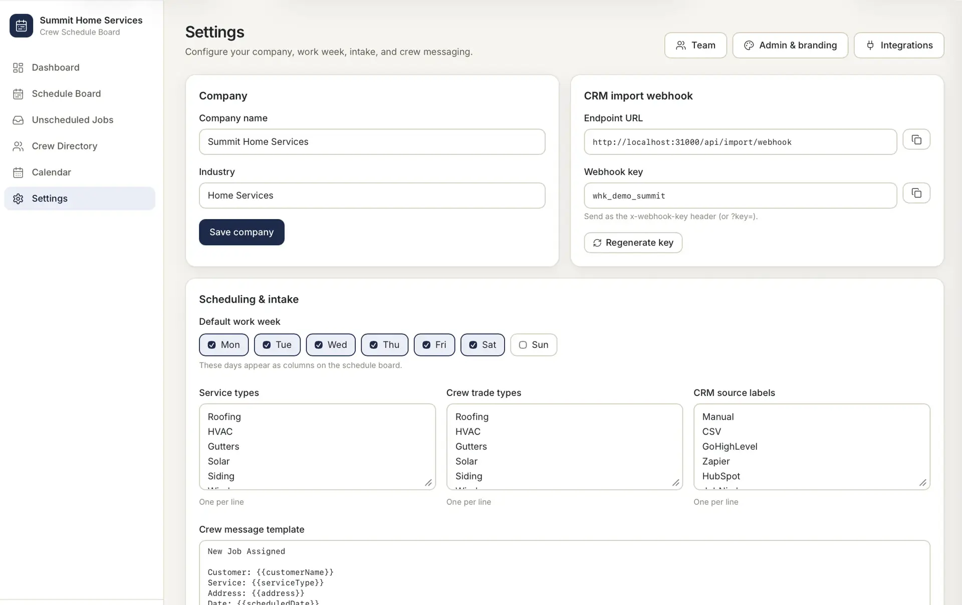 Settings page with Company details, a CRM import webhook endpoint and key, default work-week day toggles, service and trade type lists, and a crew message template.