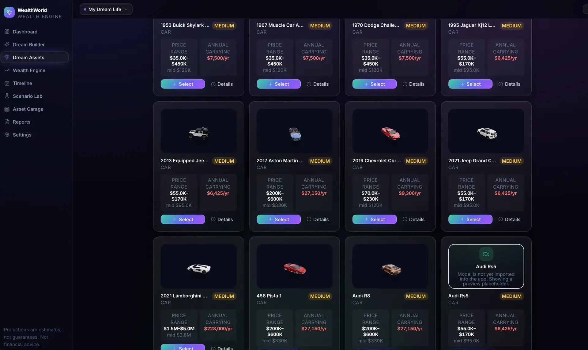Dream Assets catalog of selectable cars shown as a grid of cards with 3D vehicle previews, price ranges, and annual carrying costs; one card notes a missing model placeholder.