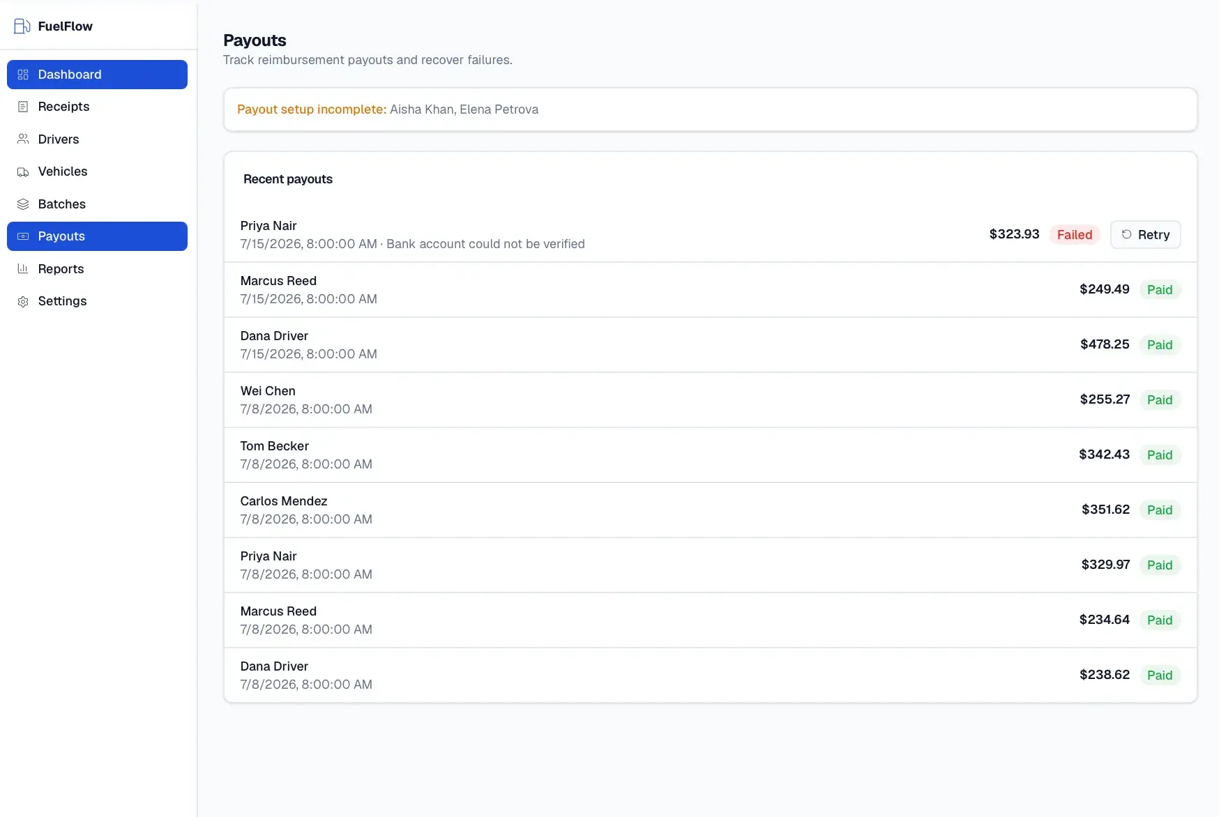 FuelFlow Payouts page with a setup-incomplete notice and a recent payouts list showing one failed payout with Retry and several Paid entries