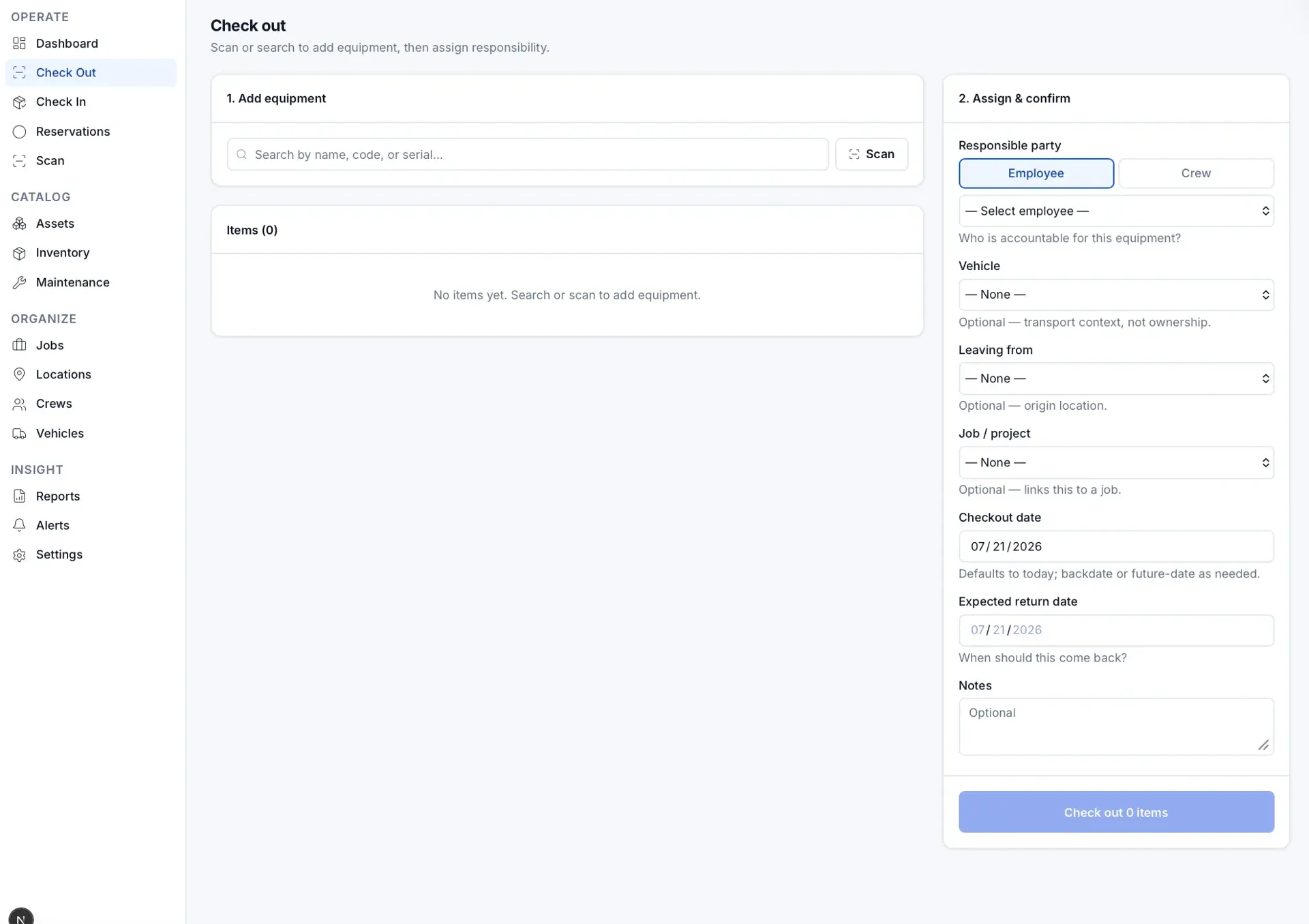 Check-out screen: left panel to search or scan equipment (no items added), right panel to assign a responsible party, vehicle, location, job, and return date.