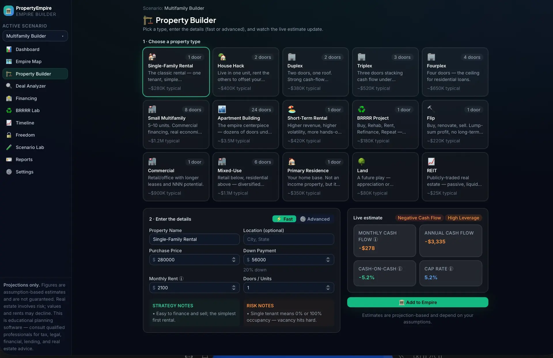 Property Builder screen with a grid of property types to choose from and a details form for a Single-Family Rental showing a live estimate of negative monthly cash flow.