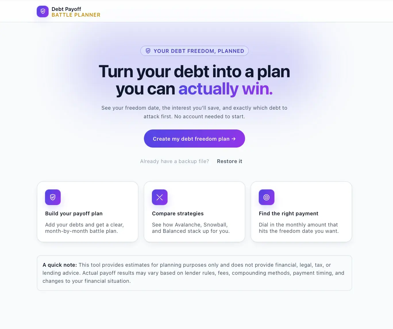 Debt Payoff Battle Planner landing page with headline 'Turn your debt into a plan you can actually win' and a Create my debt freedom plan button over three feature cards.