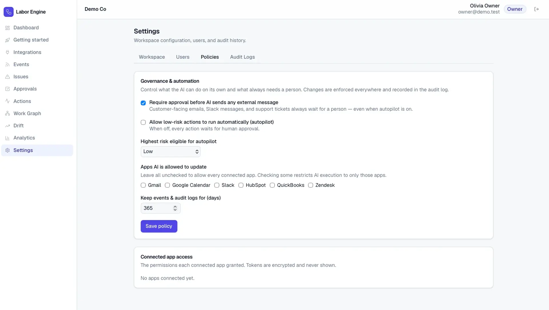 Labor Engine settings on the Policies tab for governance and automation, with toggles requiring approval before external messages and controlling autopilot risk levels.