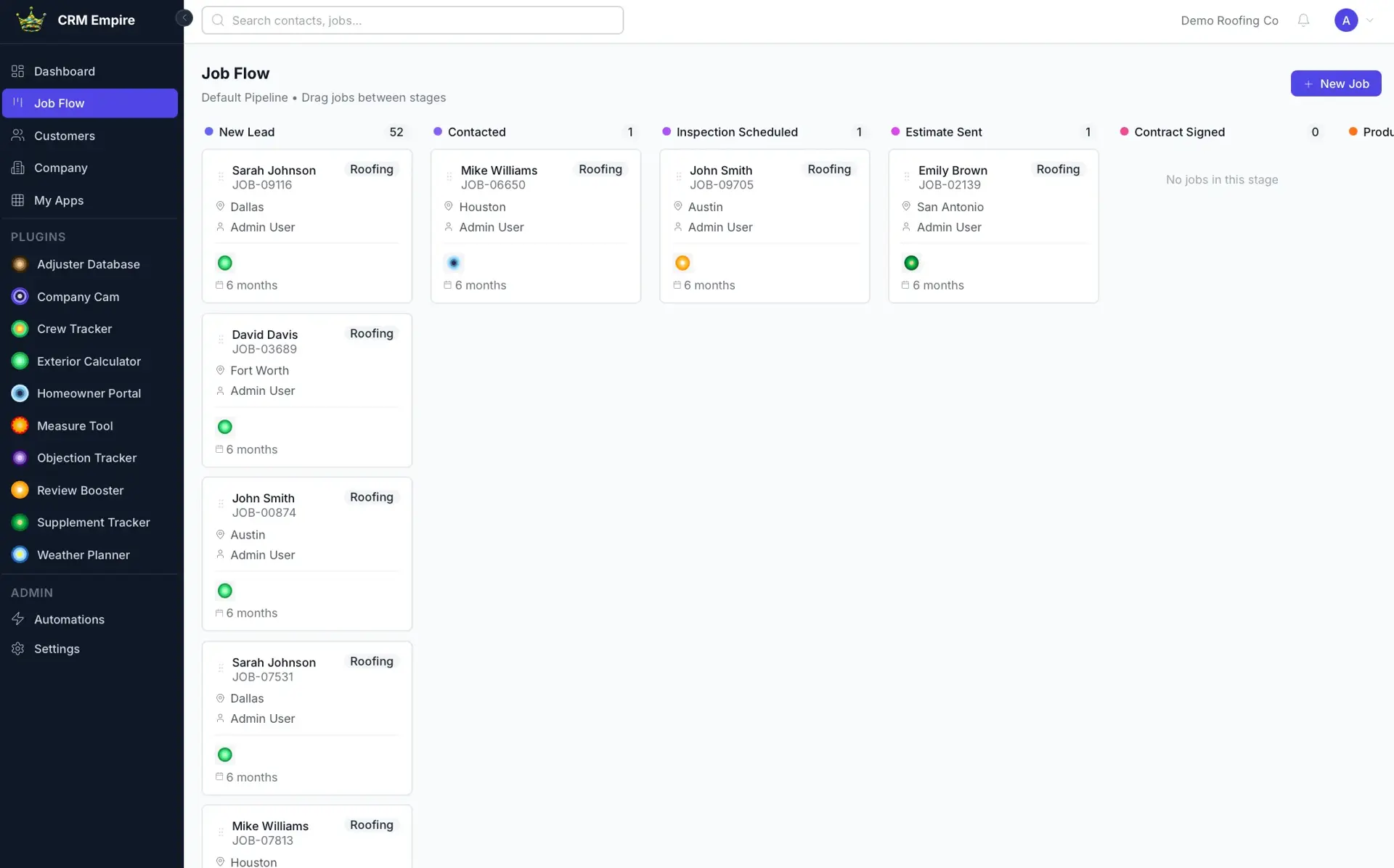 CRM Empire Job Flow kanban board with pipeline stages (New Lead 52, Contacted, Inspection Scheduled, Estimate Sent, Contract Signed) holding roofing job cards