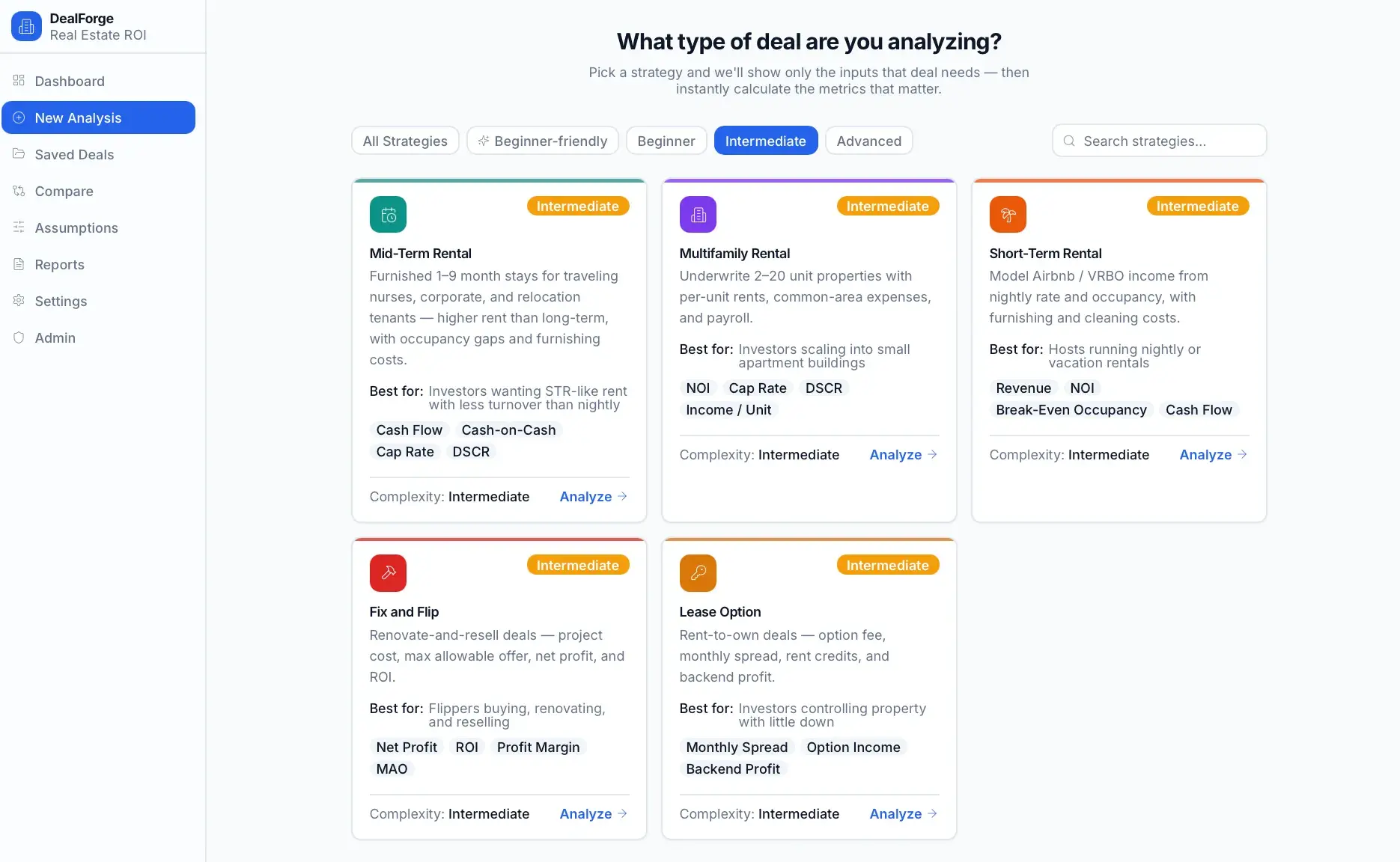 New Analysis strategy picker filtered to Intermediate, showing Mid-Term Rental, Multifamily, Short-Term Rental, Fix and Flip, and Lease Option strategy cards.