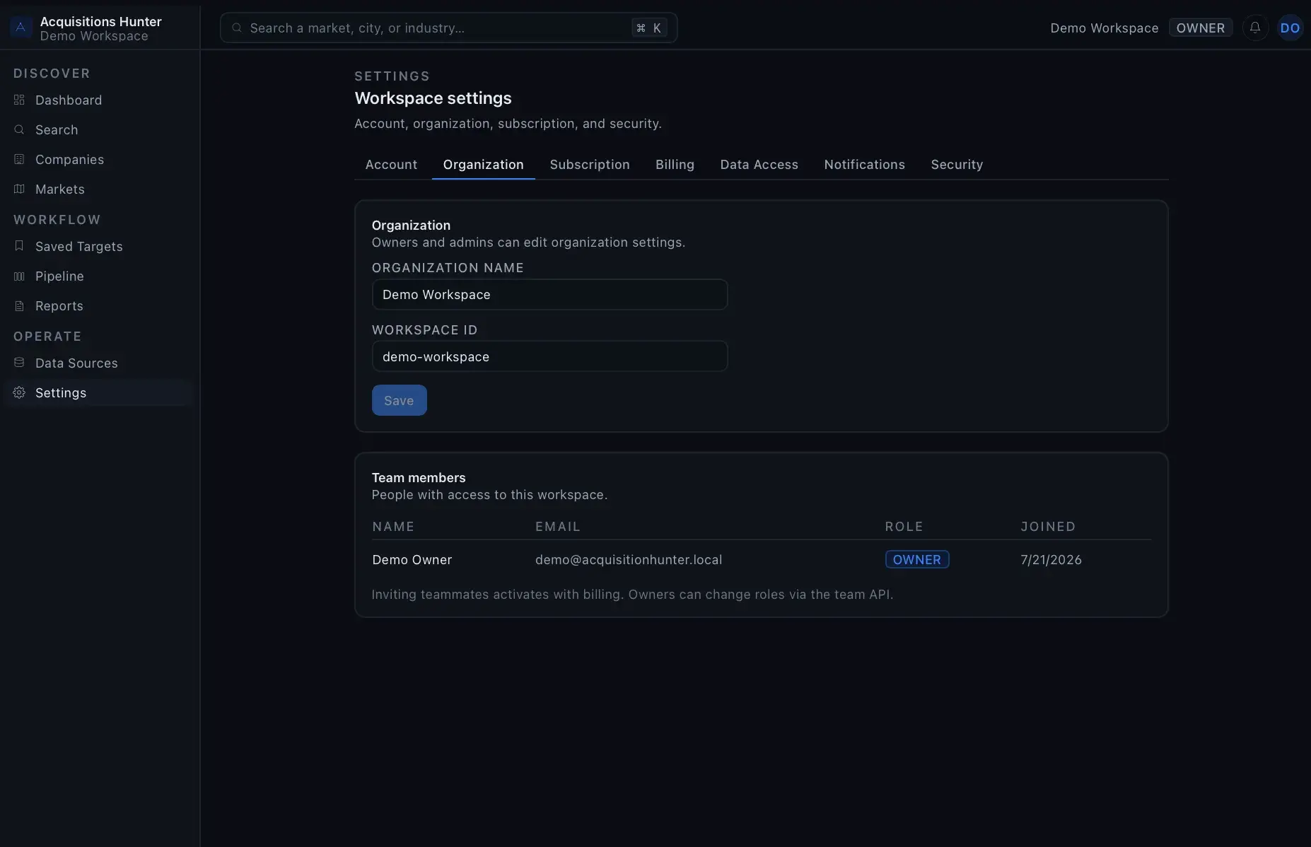 Acquisition Hunter workspace settings on the Organization tab, with organization name and workspace ID fields and a team members table listing one owner.