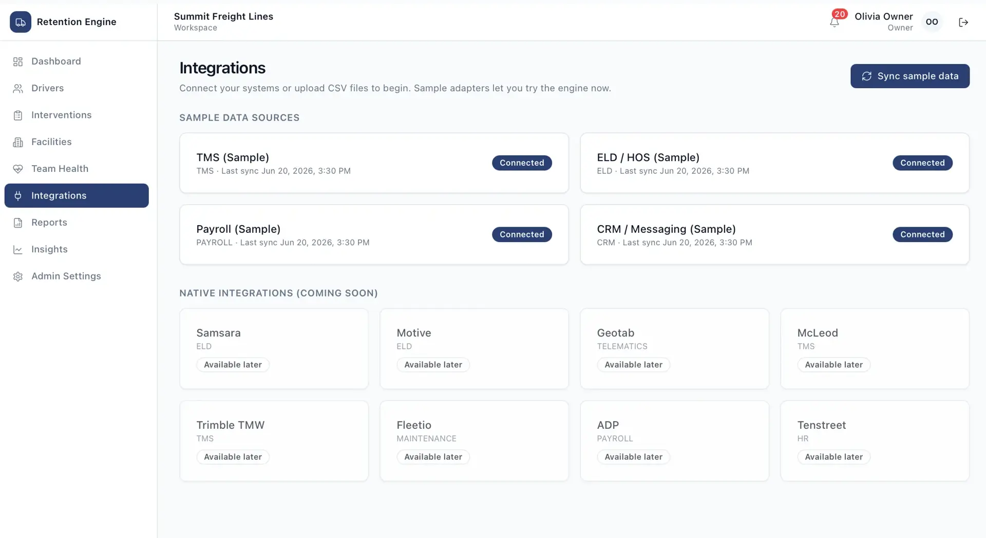 Driver risk-detail view with a recommended pay-review action, a weighted risk breakdown bar list (pay, home time, dispatch friction), and active risk signals with dated evidence.