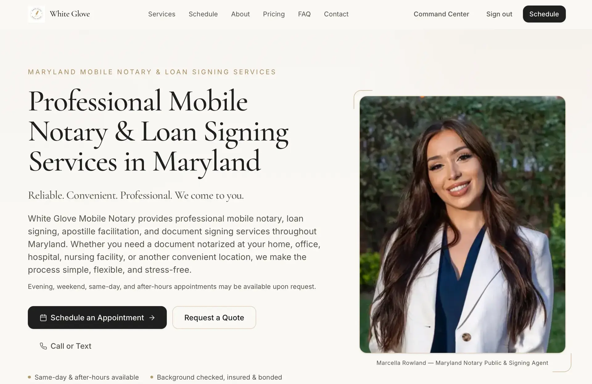 White Glove mobile notary marketing homepage headlined 'Professional Mobile Notary & Loan Signing Services in Maryland' with Schedule an Appointment and Request a Quote buttons and a photo of the notary agent.