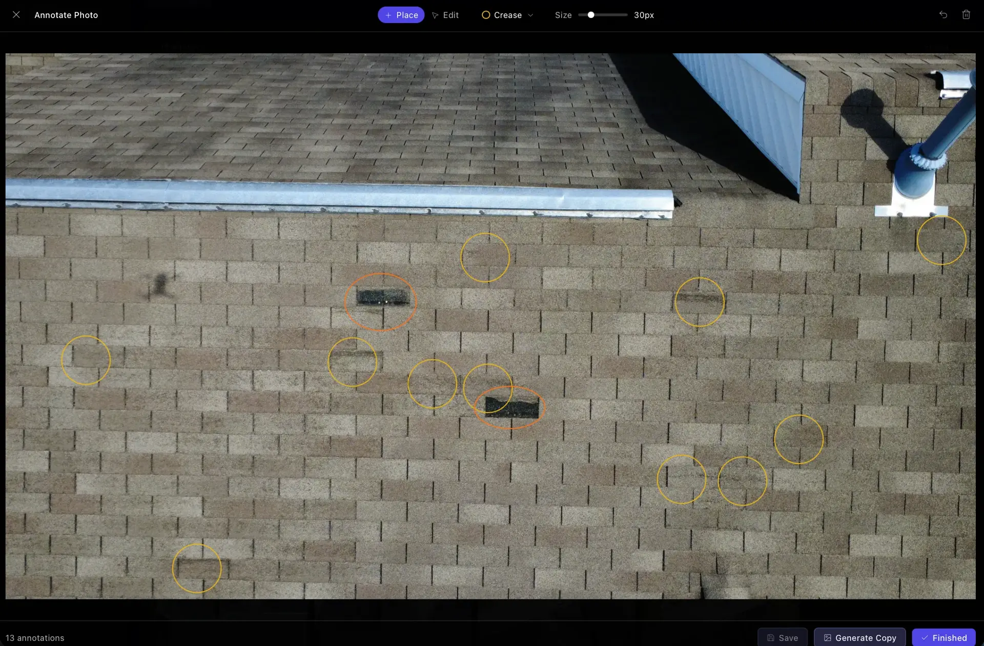 JobCam photo annotation tool marking roof damage, with yellow and orange circles placed over shingles on an aerial roof photo