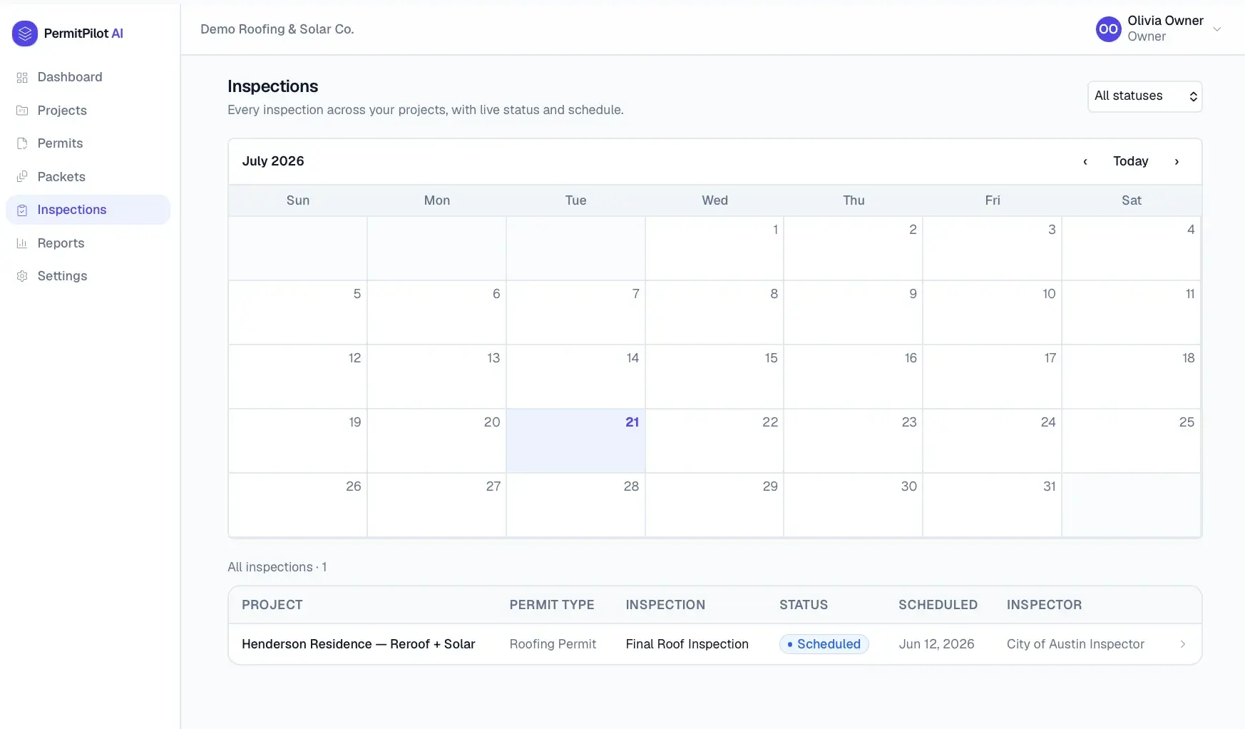 PermitPilot Inspections page with a July 2026 calendar and a table listing one scheduled Final Roof Inspection for Henderson Residence by City of Austin Inspector