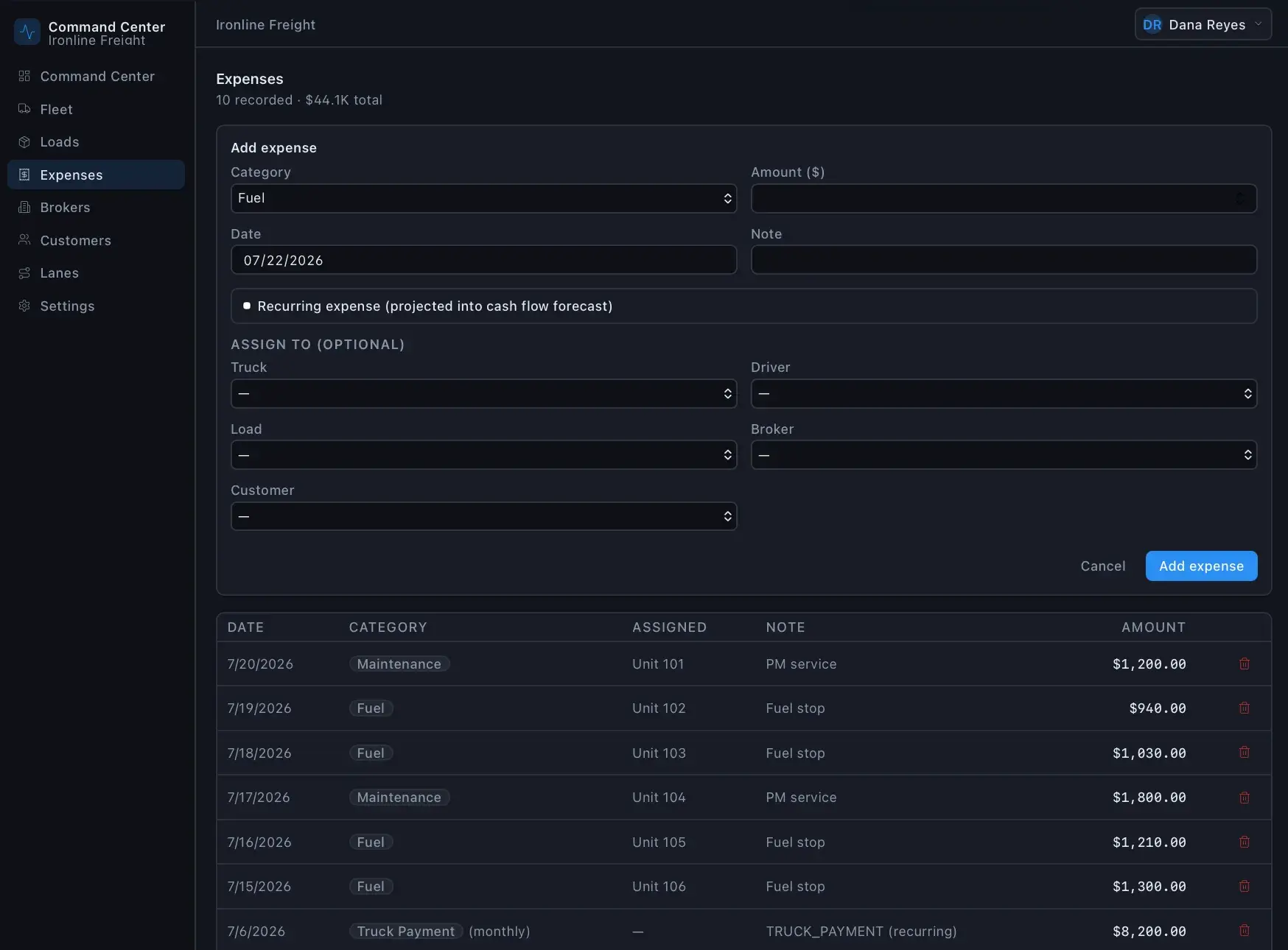 Ironline Freight Expenses page with an add-expense form (category, amount, date, assignments) above a recent expenses table of fuel and maintenance entries