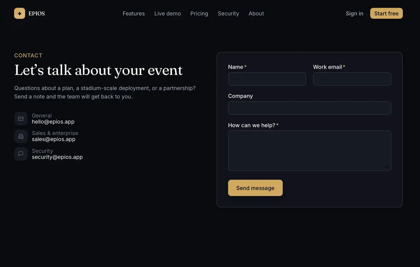 EPIOS Contact page headlined 'Let's talk about your event' with general, sales, and security email addresses beside a name, work email, company, and message form.