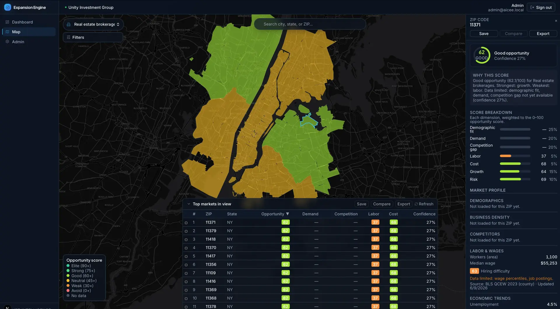 Expansion Engine ZIP-level choropliath map of the NYC area colored by opportunity score, with a right panel detailing ZIP 11371's score breakdown and market profile.