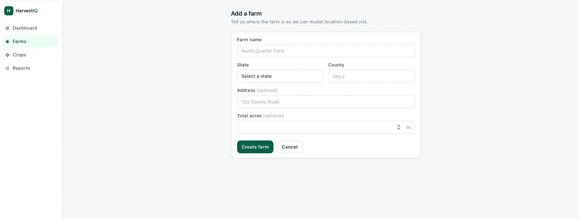 HarvestIQ 'Add a farm' form with fields for farm name, state, county, optional address, and total acres.