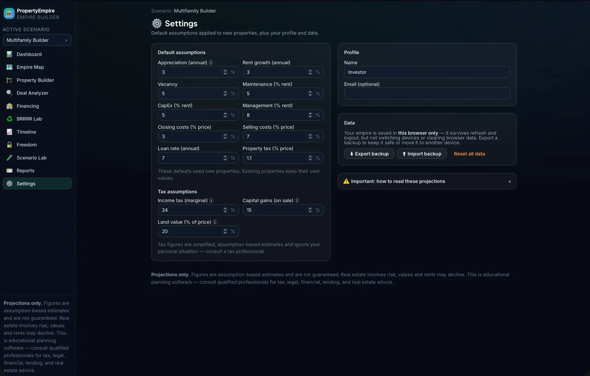 Settings page with default assumption fields (appreciation, vacancy, loan rate, taxes), a tax-assumptions section, and a profile and data backup panel.