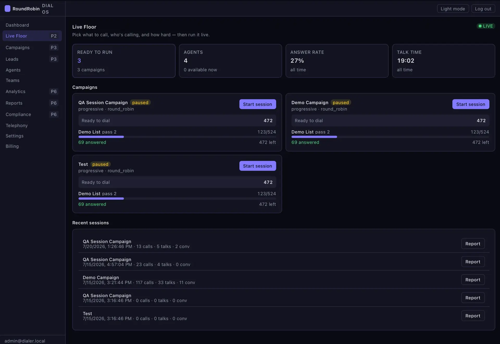 Live Floor screen with ready-to-run, agents, answer-rate, and talk-time tiles, three paused campaign cards with Start session buttons, and a recent-sessions list.