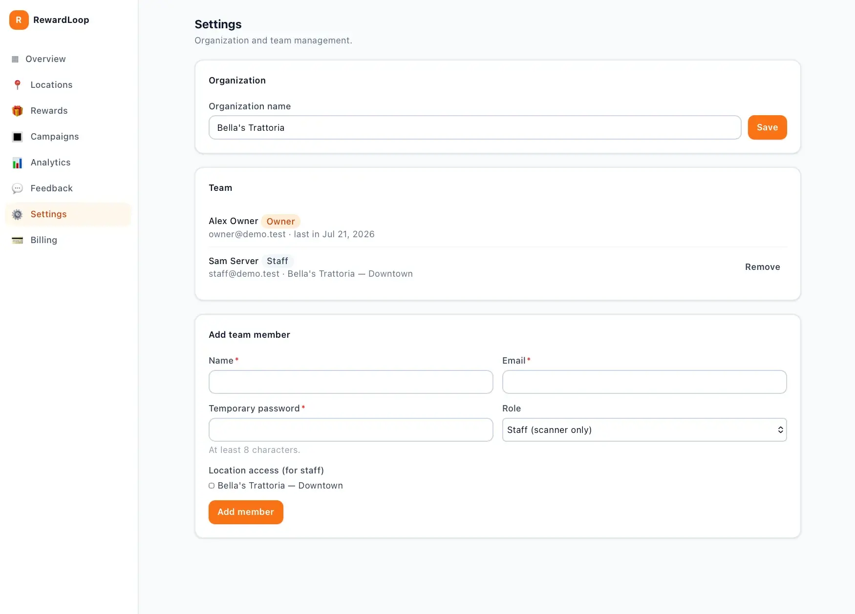 RewardLoop Settings page for organization and team management, listing an owner and a staff member and an add-team-member form with role and location-access fields.