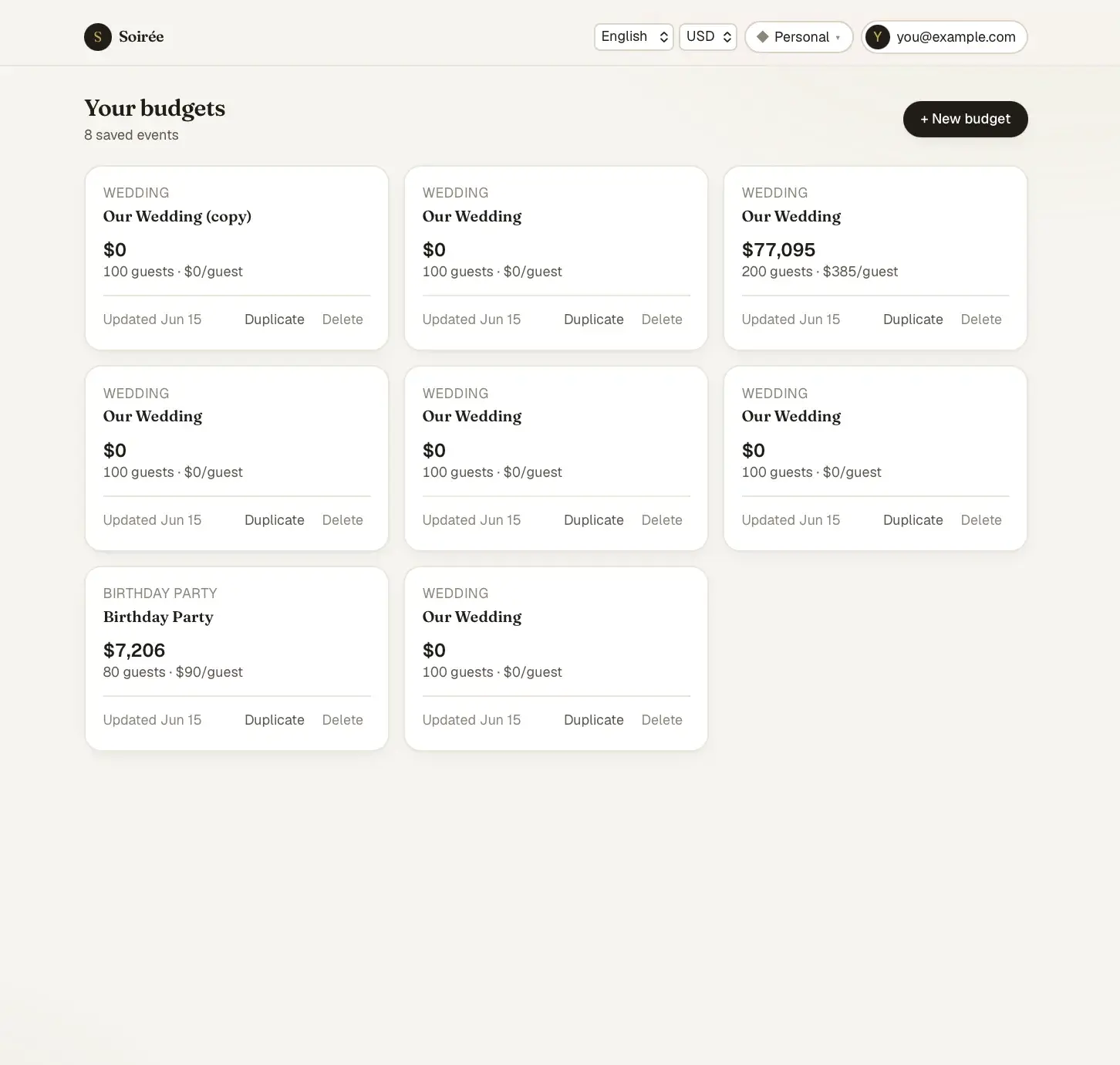 Soirée 'Your budgets' dashboard with 8 saved event cards (mostly weddings and a birthday party) showing total, guest count, per-guest cost, and duplicate/delete actions.