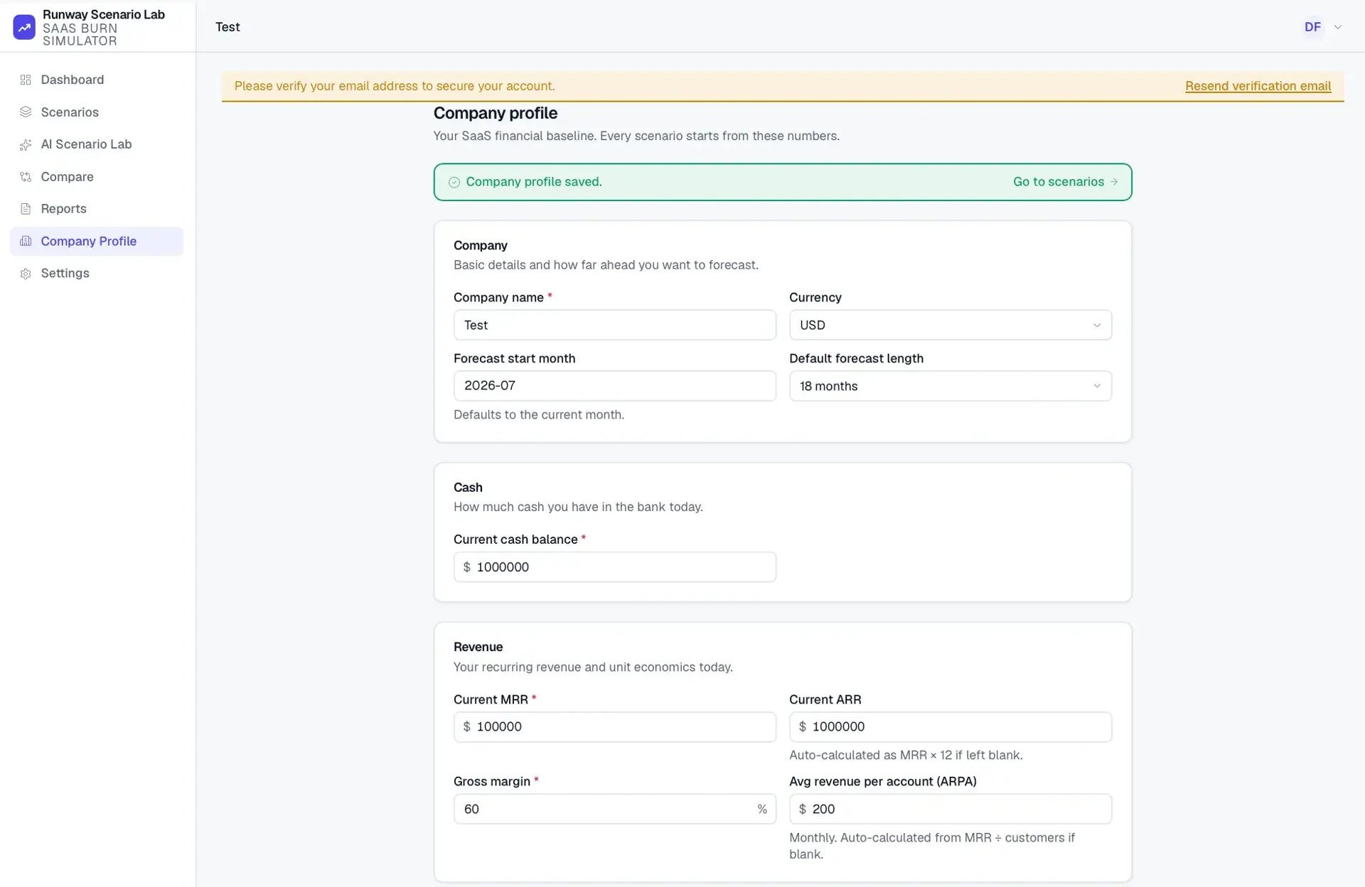 Runway Scenario Lab Company Profile form with saved-confirmation banner, capturing company, cash balance, and revenue baseline inputs for a SaaS forecast.