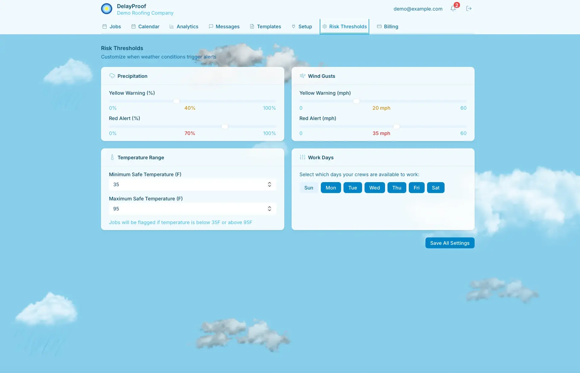 DelayProof Risk Thresholds page with precipitation and wind-gust yellow/red sliders, a safe temperature range, and selectable crew work days, over a sky background.