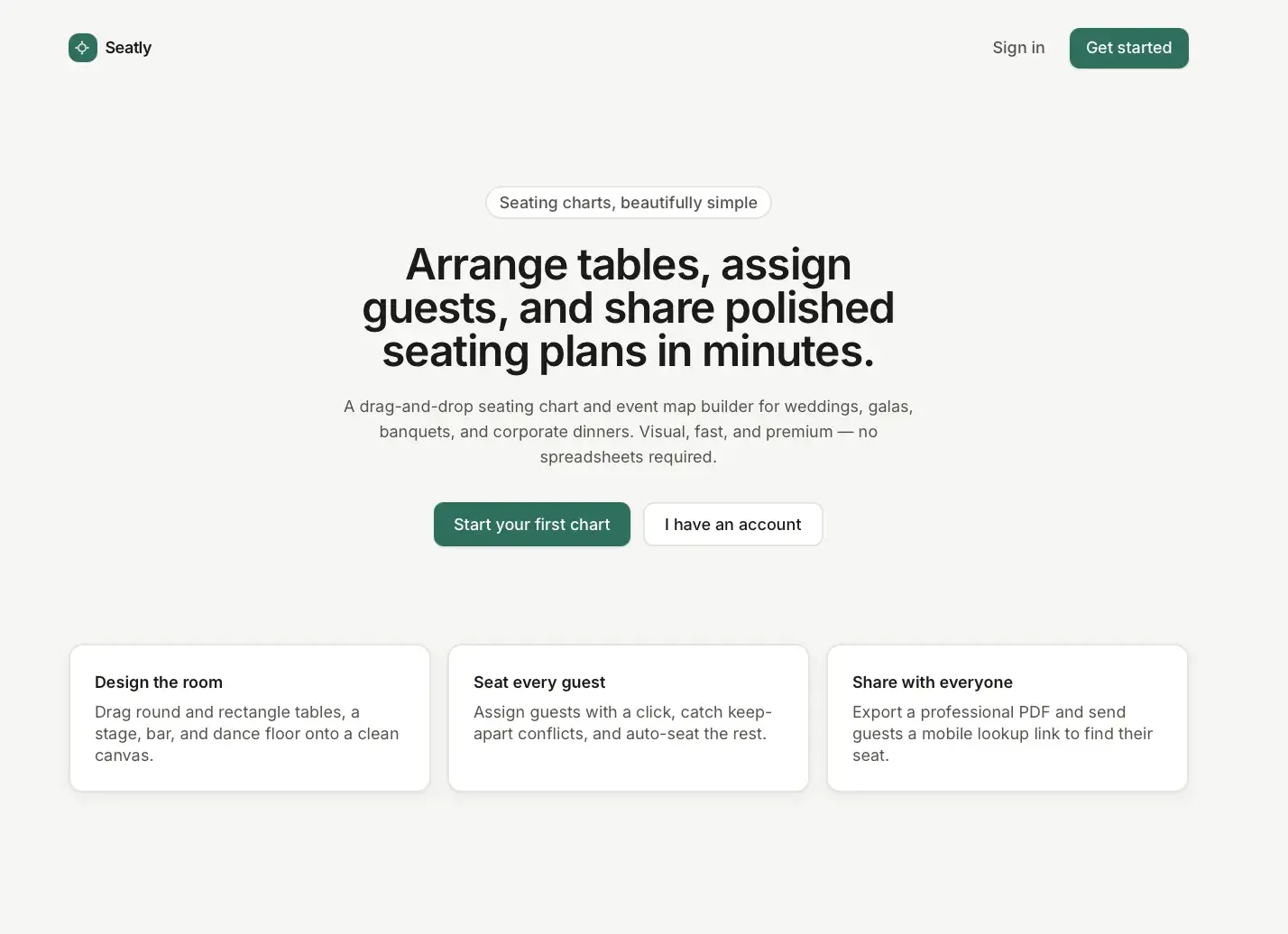 Seatly seating-chart landing page: arrange tables, assign guests, and share seating plans, with feature cards for room design and guest lookup.