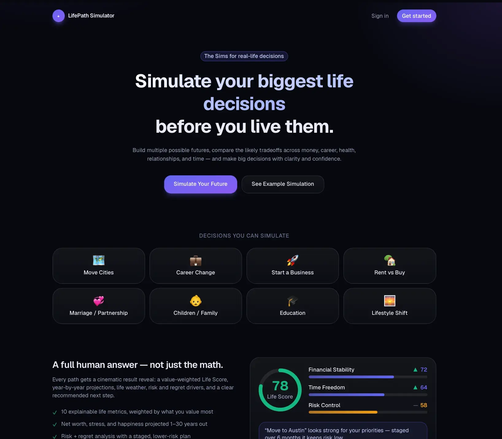 LifePath Simulator marketing home page headlined 'Simulate your biggest life decisions before you live them,' with a grid of decision types and a sample Life Score card.