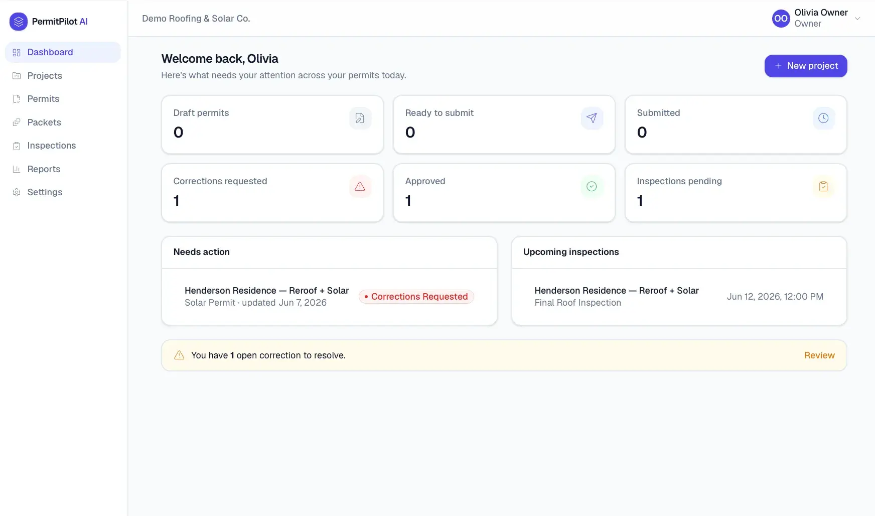PermitPilot AI dashboard for Demo Roofing & Solar Co. with permit status tiles (drafts, submitted, corrections, approved) and needs-action and inspections panels