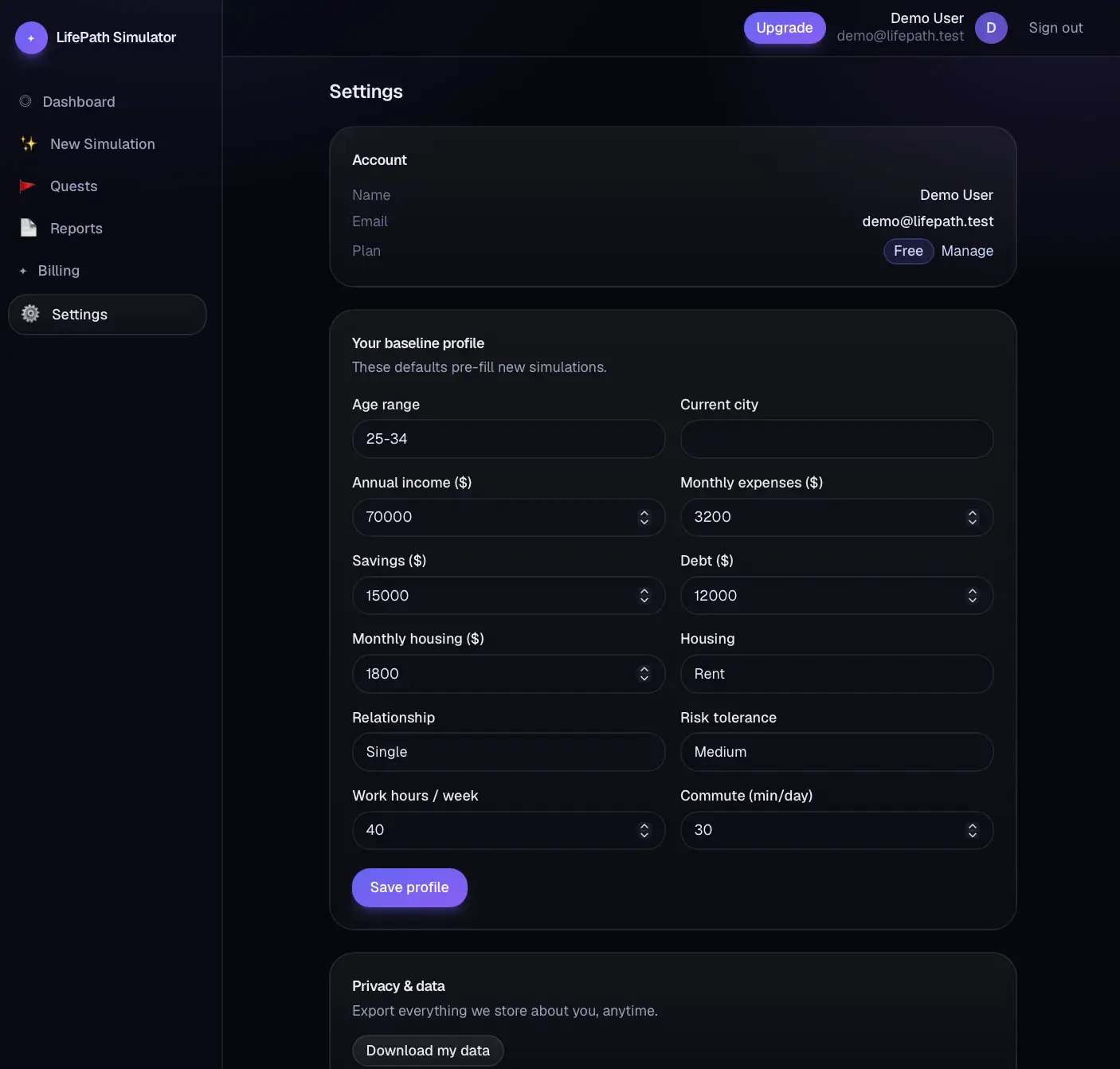 LifePath Simulator settings page with account details on the Free plan and an editable baseline profile of income, savings, housing, and work fields.