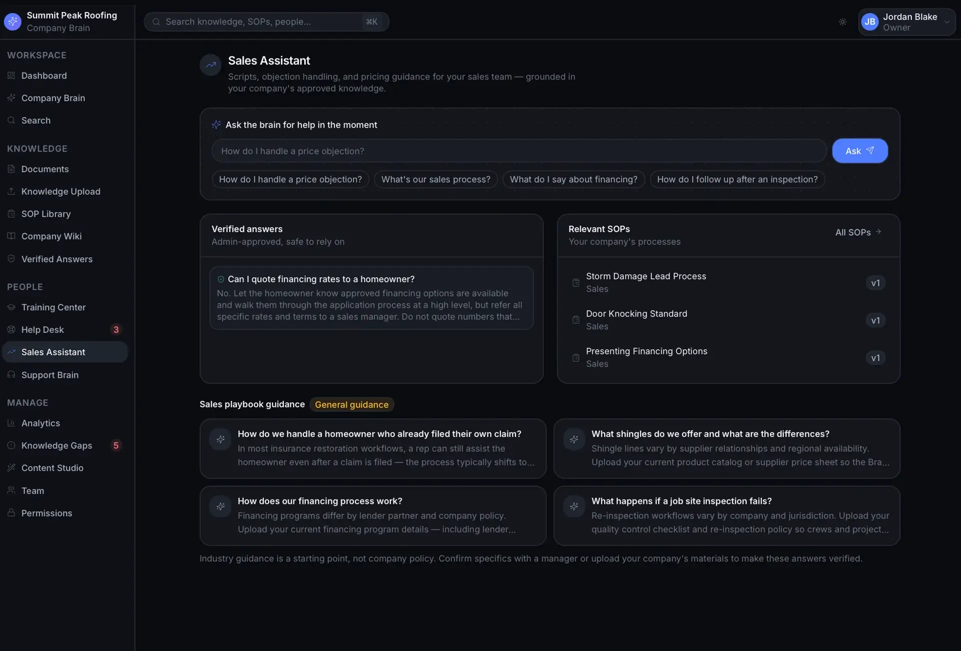 Sales Assistant page with an ask-the-brain box, a verified answer on financing, relevant SOPs, and general sales playbook guidance cards.