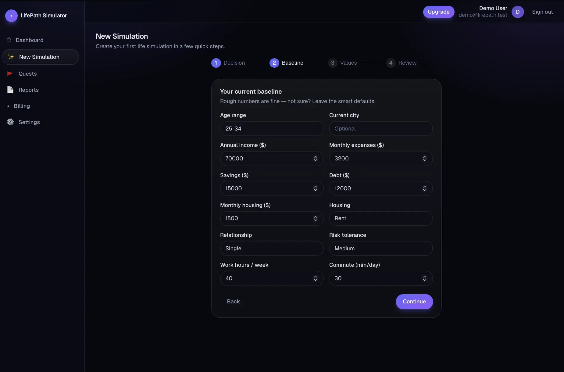 New Simulation step 2 Baseline form with fields for age range, income, expenses, savings, debt, housing, relationship, risk tolerance, work hours, and commute.