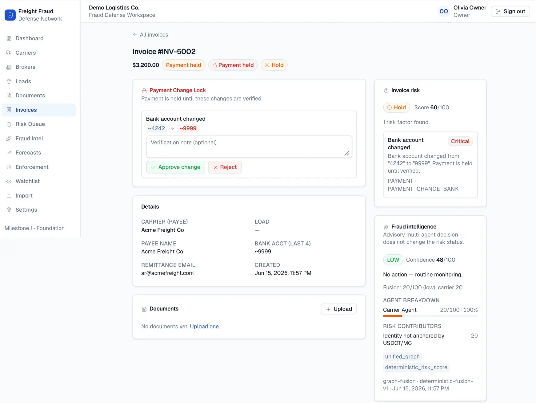 Invoice INV-5002 detail with a payment-change lock flagging a bank-account change, a Hold 60/100 risk score, and a fraud-intelligence breakdown.
